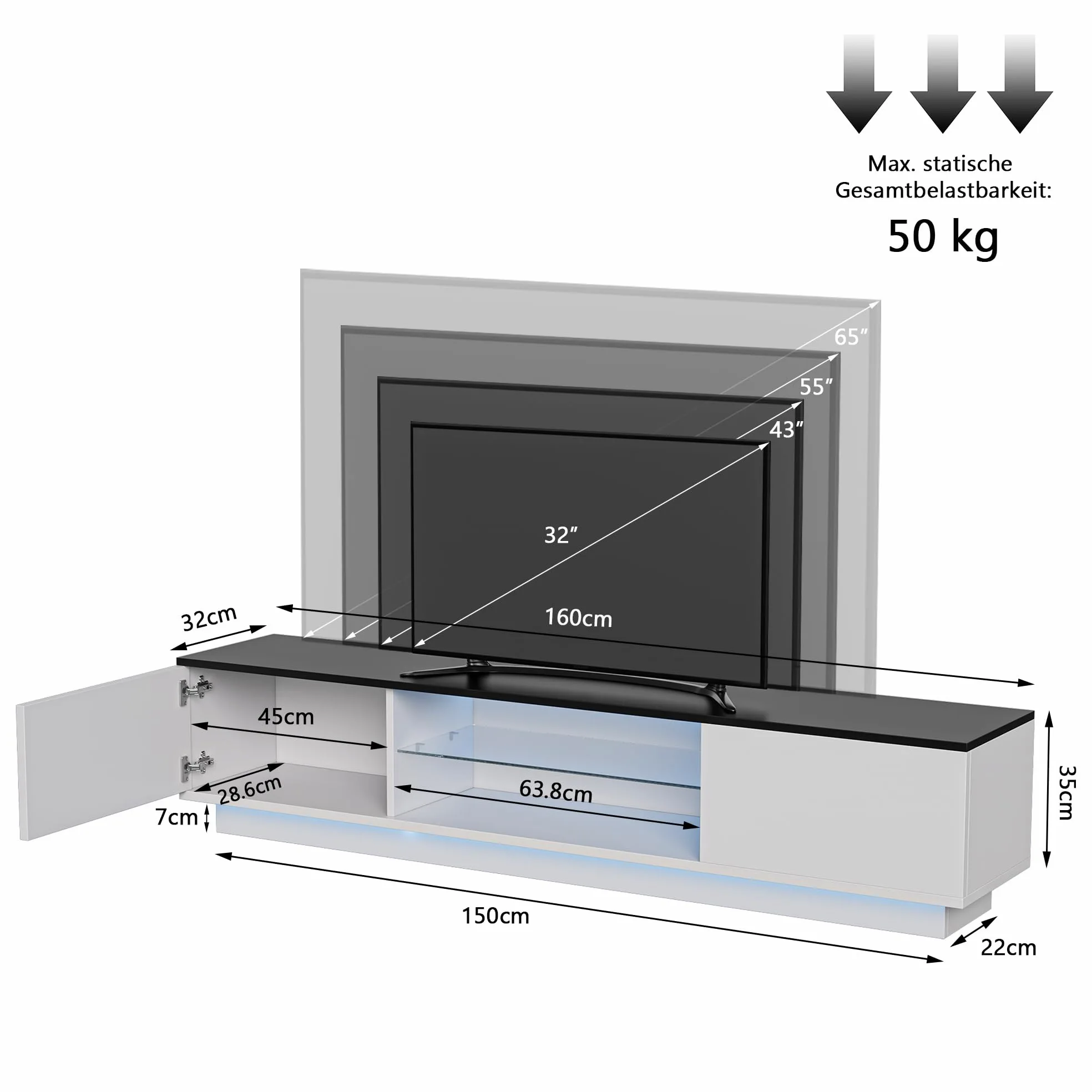 Mobile porta TV LED 160 cm, mobile per TV, mobile per TV, moderna credenza TV in legno con 2 scomparti portaoggetti, basso mobile soggiorno, mobile soggiorno (bianco, 3 (160 cm))