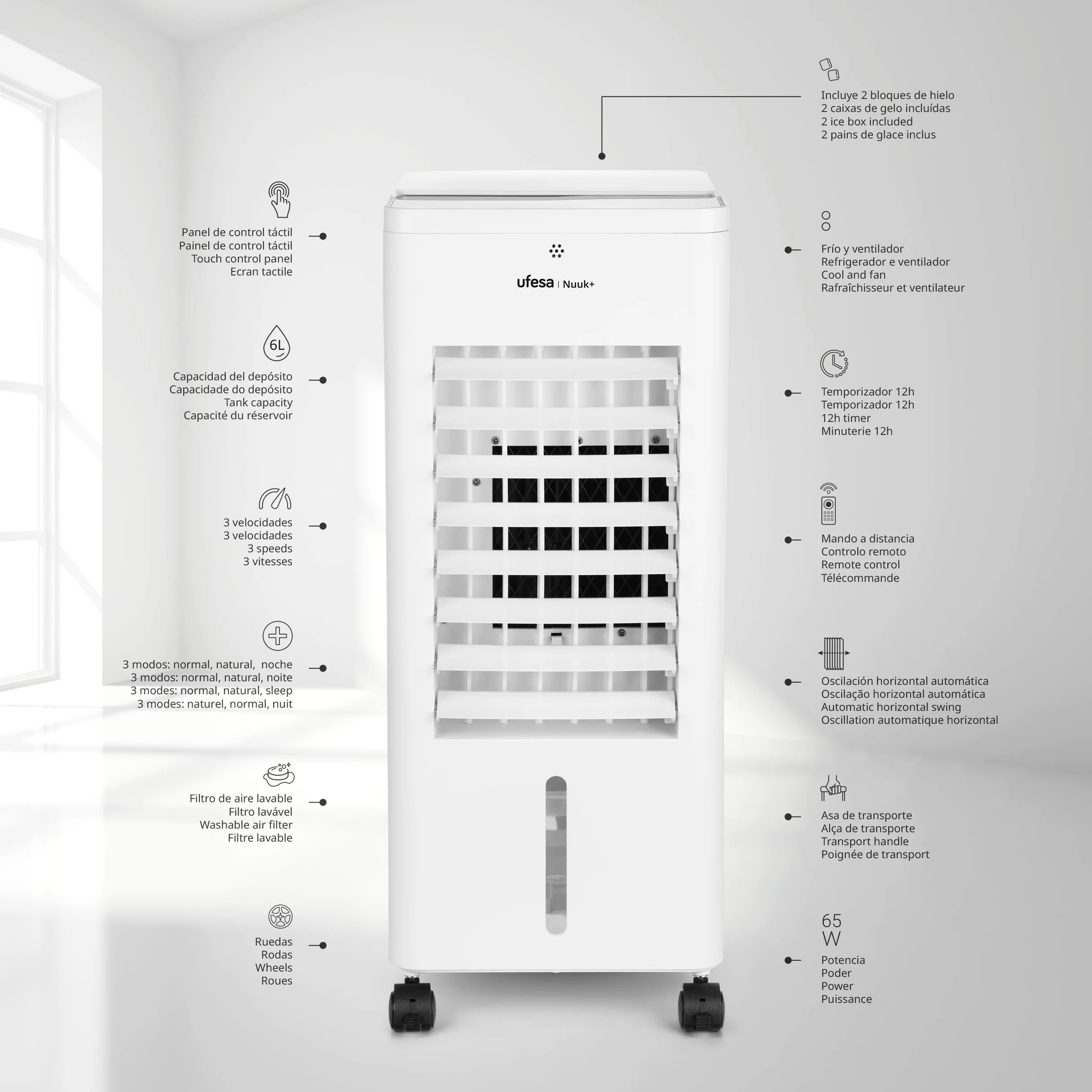 Ufesa Nuuk+ Raffrescatore Portatile Evaporativo 65W Funzione 3in1Raffreddamento Ventola e Ionizzazione 3Velocità 3Modalità Pannello a Sfioramento Serbatoio da 6L Timer12h Filtro Lavabile Telecomando