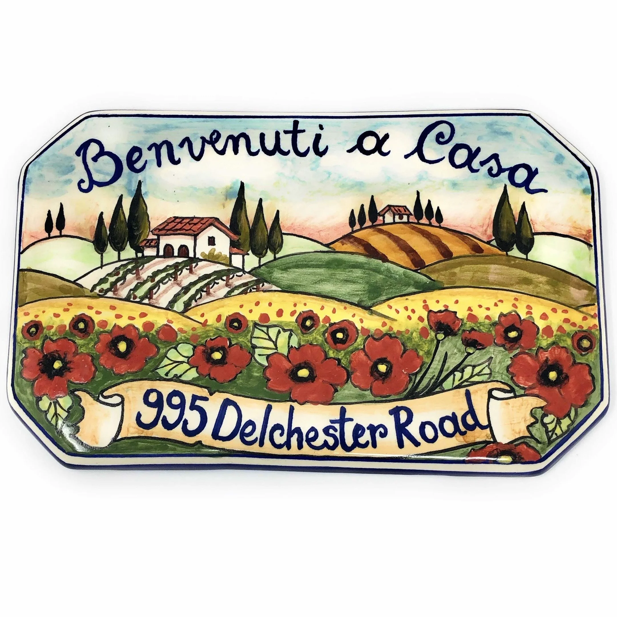 Ceramica italiana artistica numero civico 20x13 personalizzato decorazione paesaggio toscano fatta a mano