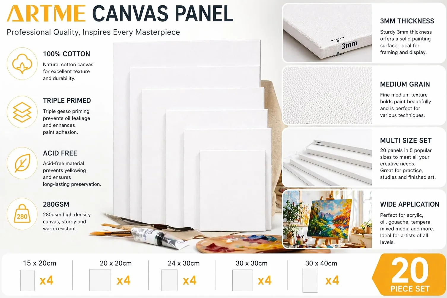 Artme Pannelli in Tela 20pz - 15x20,20x20,30x30,24x30,30x40cm Formati Assortiti Bianca per Pittura - 3mm 280GSM/ 100% cotone/Triplo con innesto/Senza acidi/Grana media /- Acrilico/Olio