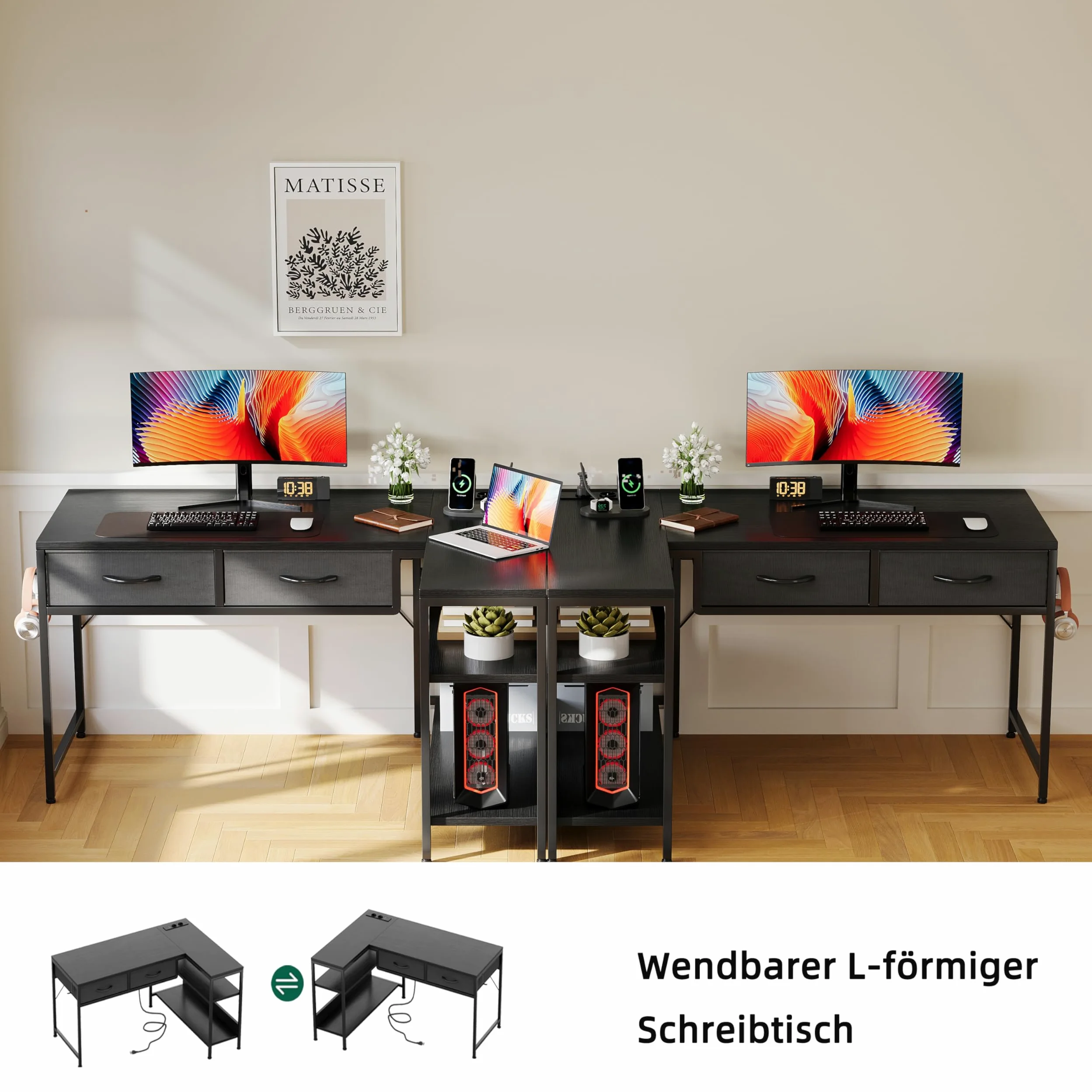 CAIYUN Scrivania a forma di L con prese, 100 x 60 cm, reversibile, tavolo da gioco piccolo con 2 cassetti, scrivania angolare per ufficio e casa, colore nero