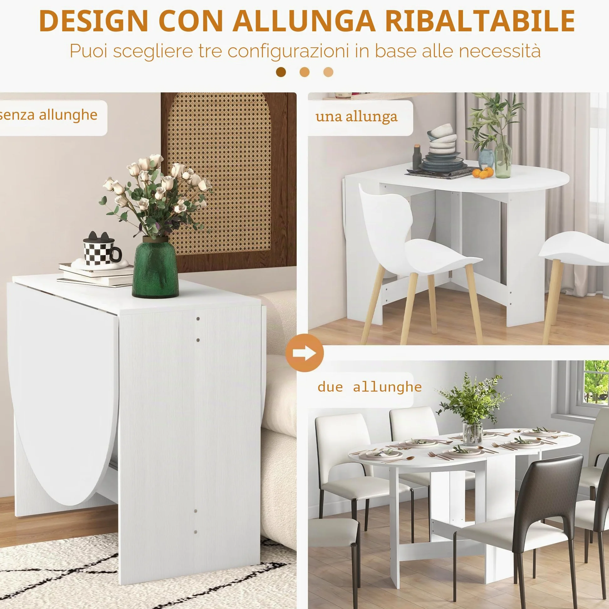 HOMCOM Tavolo da Pranzo Pieghevole, 163x80 cm Scrivania Richiudibile Salvaspazio con 2 Ribalte Ovale per 6 Persone, Tavolo Cucina a Ribalta, Ideale per Soggiorno, Casa, Ufficio, Bianco