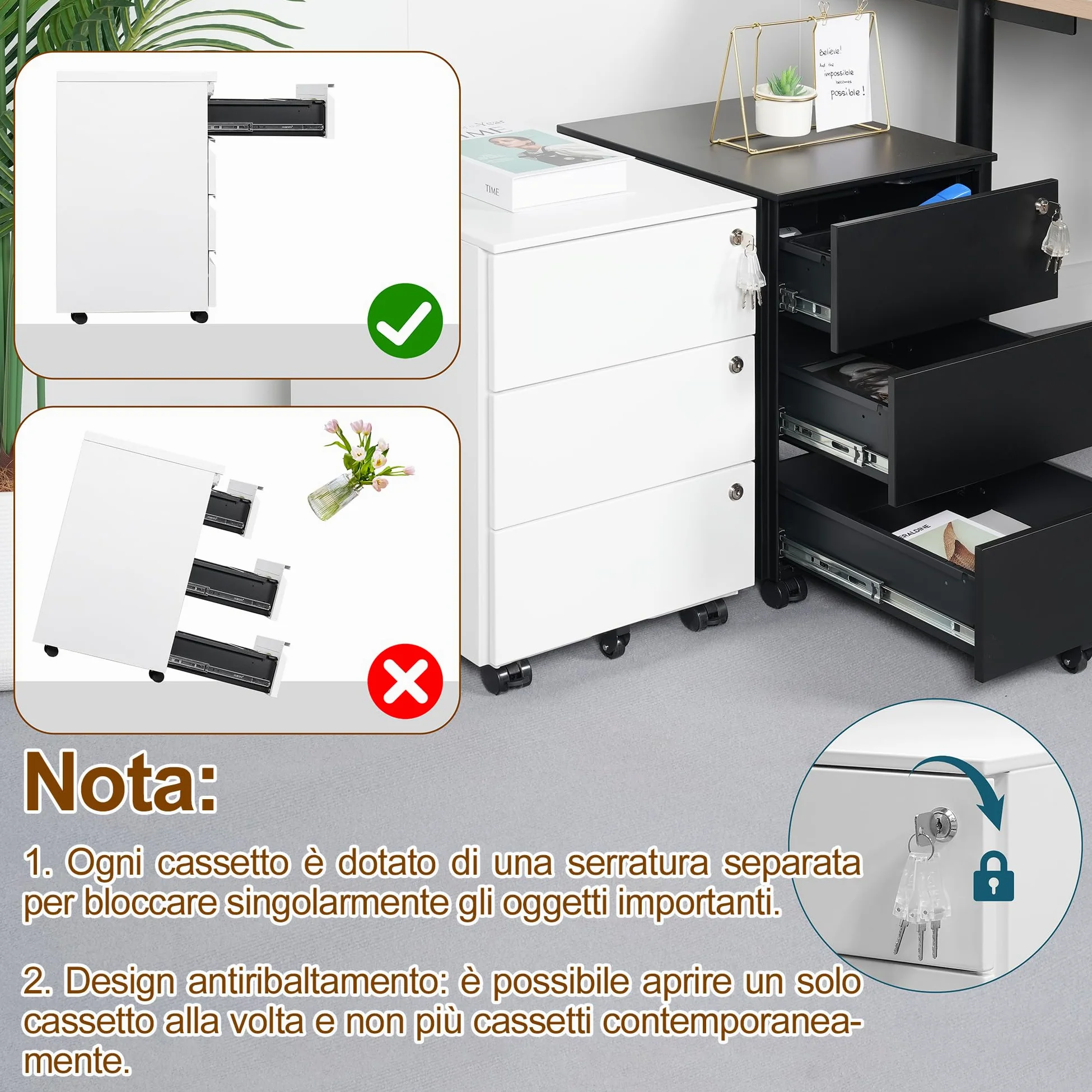 Cassettiera Scrivania Mobile, Cassettiera con 3 serrature, 4 Chiavi, 3 Cassetti, in Acciaio, Preassemblato, Bianco