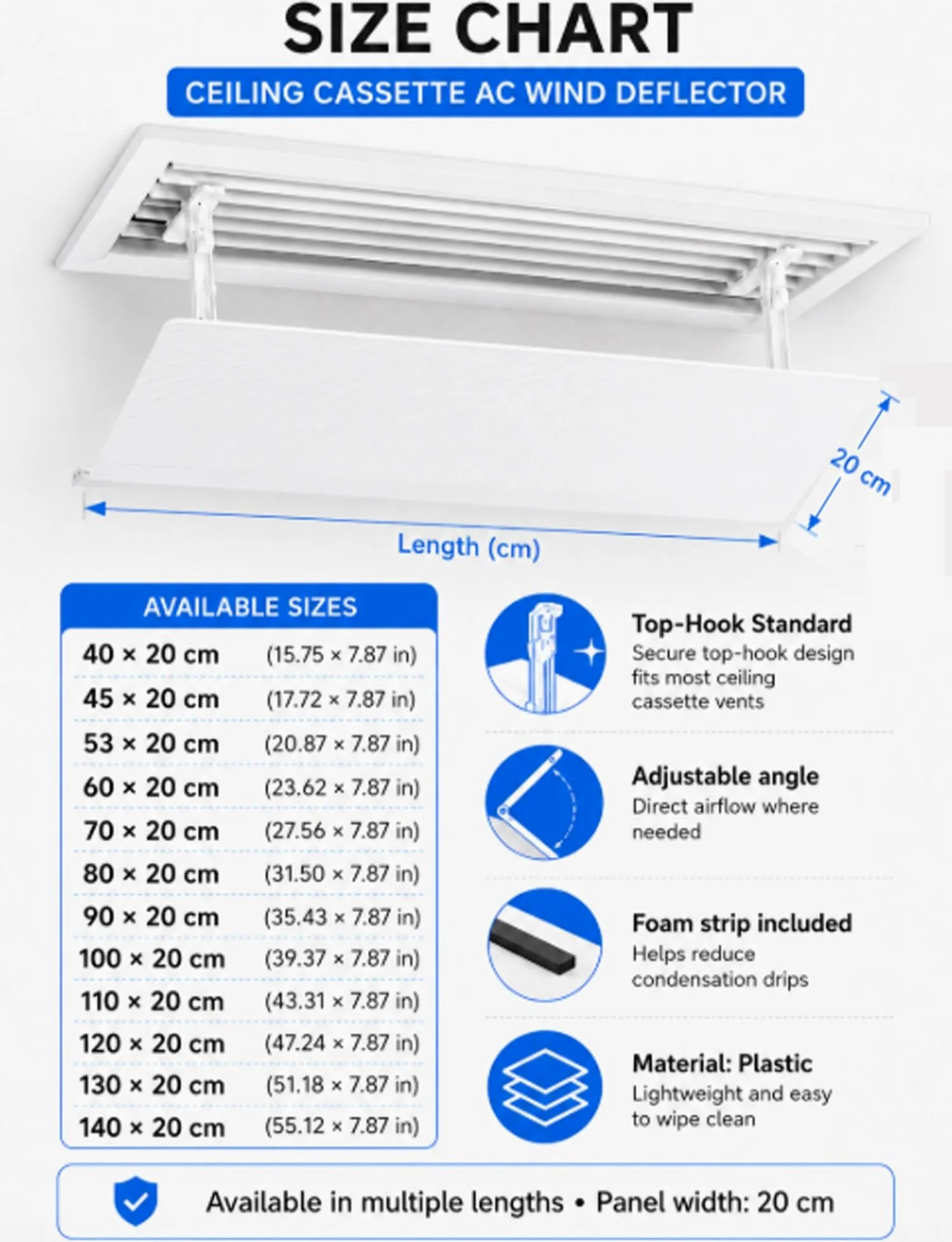 Deflettore per climatizzatore, Gancio for deflettore AC for cassetta da soffitto 40-150x20 cm | 140X20cm