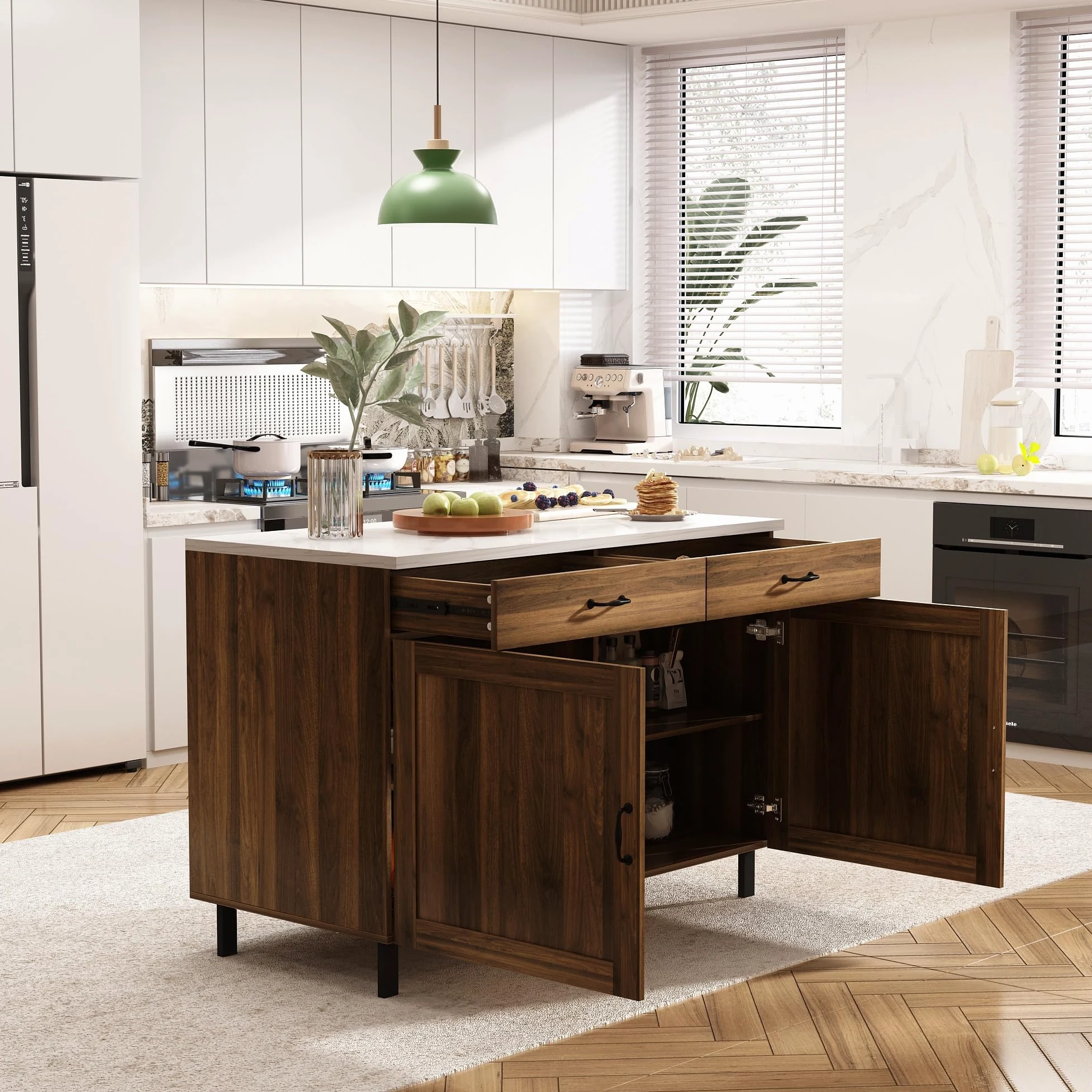 Isola cucina con piano di lavoro, armadio da cucina a cassetti, tavolo centrale con ante e cassetti, buffet marrone e bianco, 120x60x85 cm, MDF