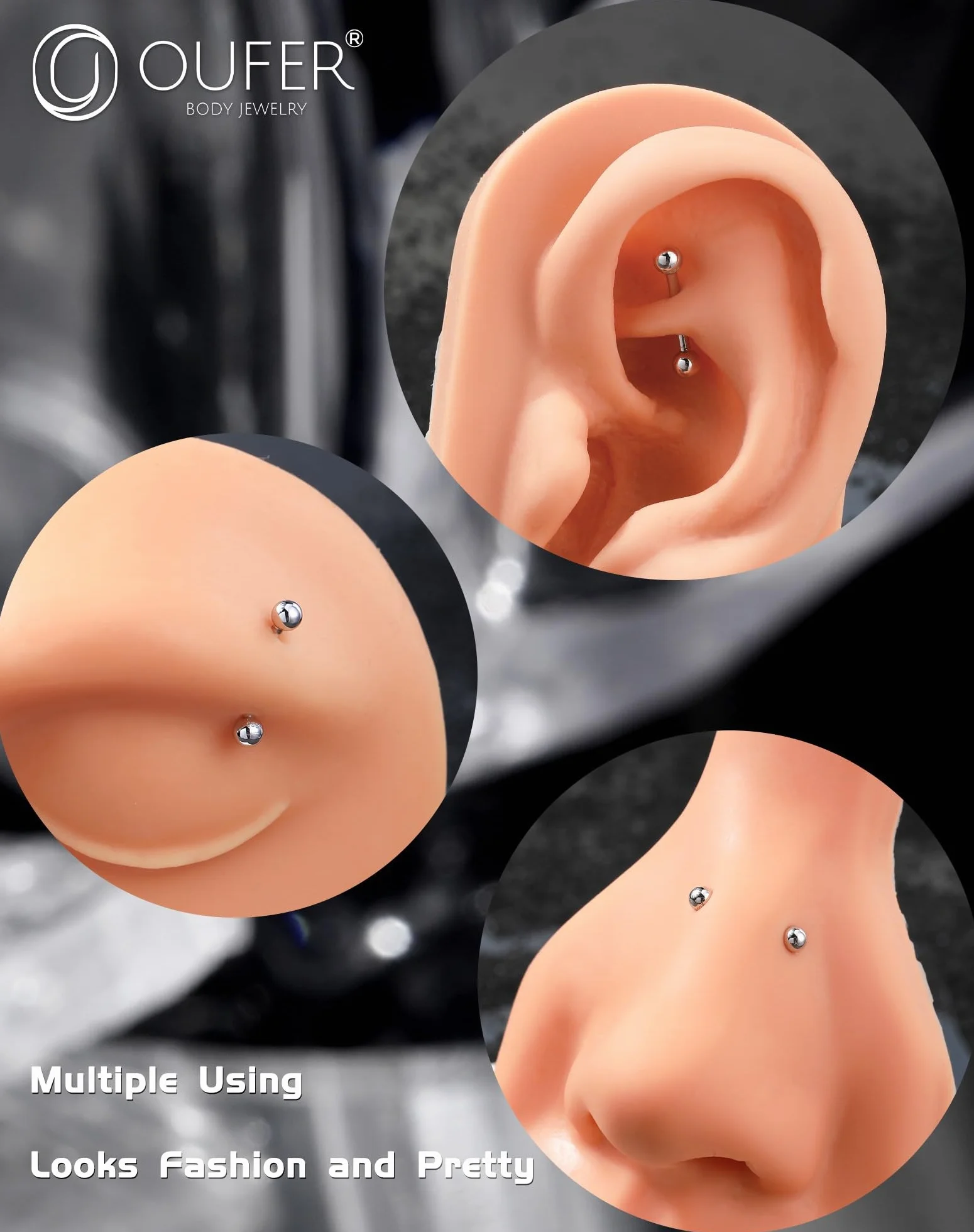 OUFER 16G 8 mm Argento 925 Curved Barbell Helix Rook Piercing Donna Uomo Cartilage Earring
