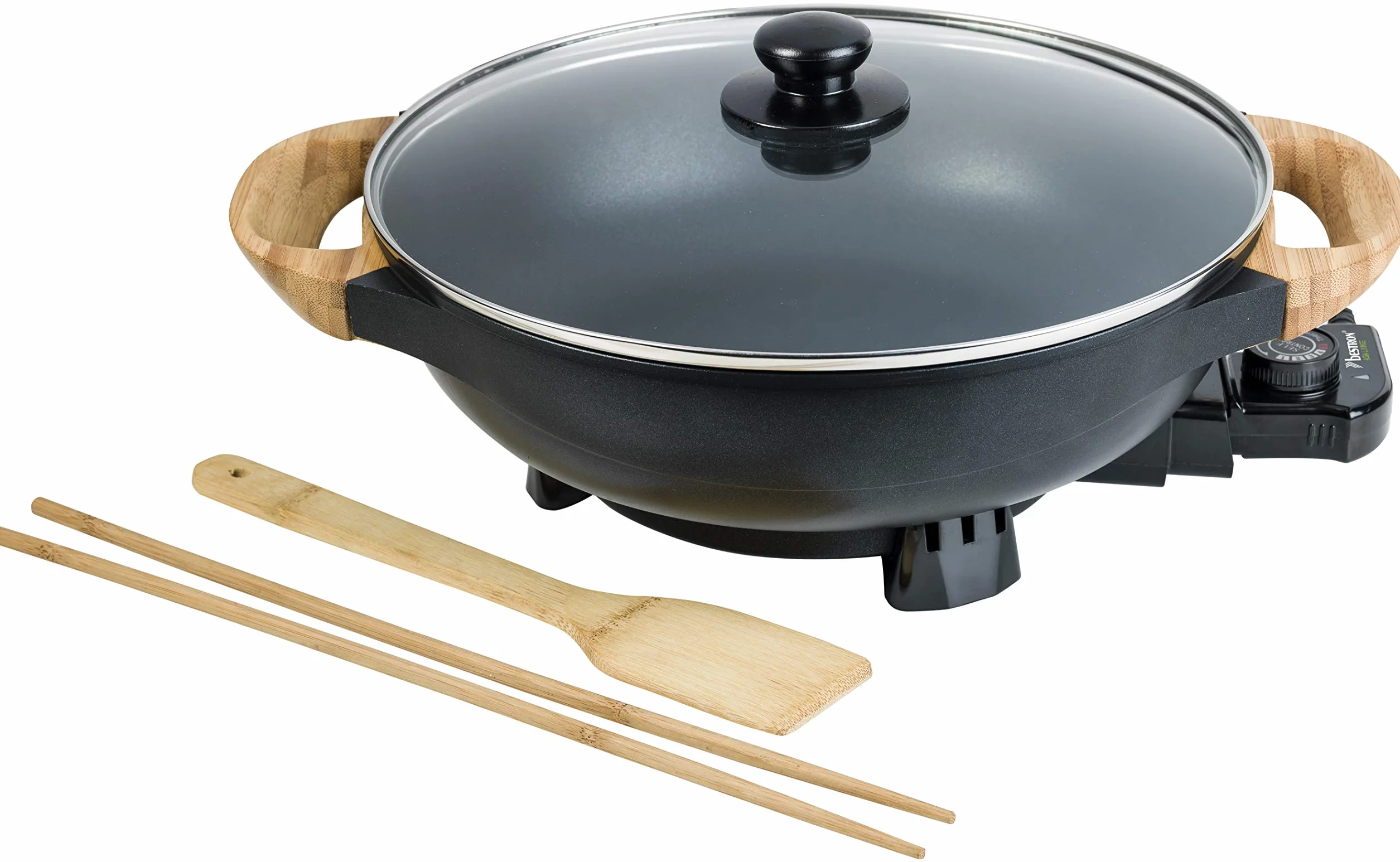 Bestron AEW100AS Wok Elettrico 1500W 5 Litri Nero Metallizzato con Coperchio Vetro e Accessori