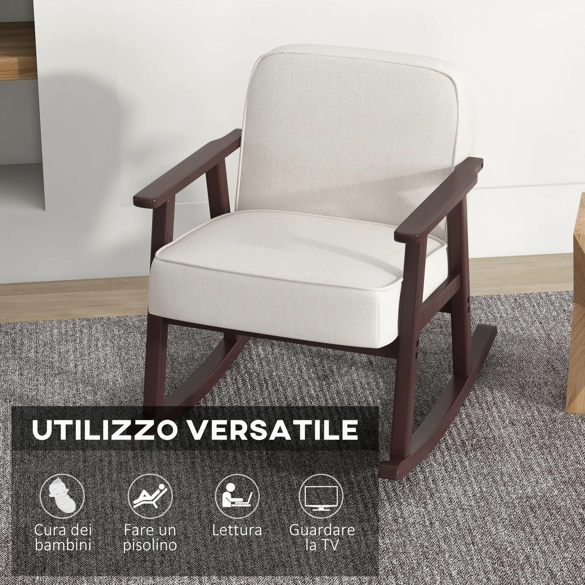 HOMCOM Poltrona a Dondolo per Interni in Tessuto Effetto Lino e Legno con Braccioli e Cuscini, 66x78x76 cm, Beige e Marrone