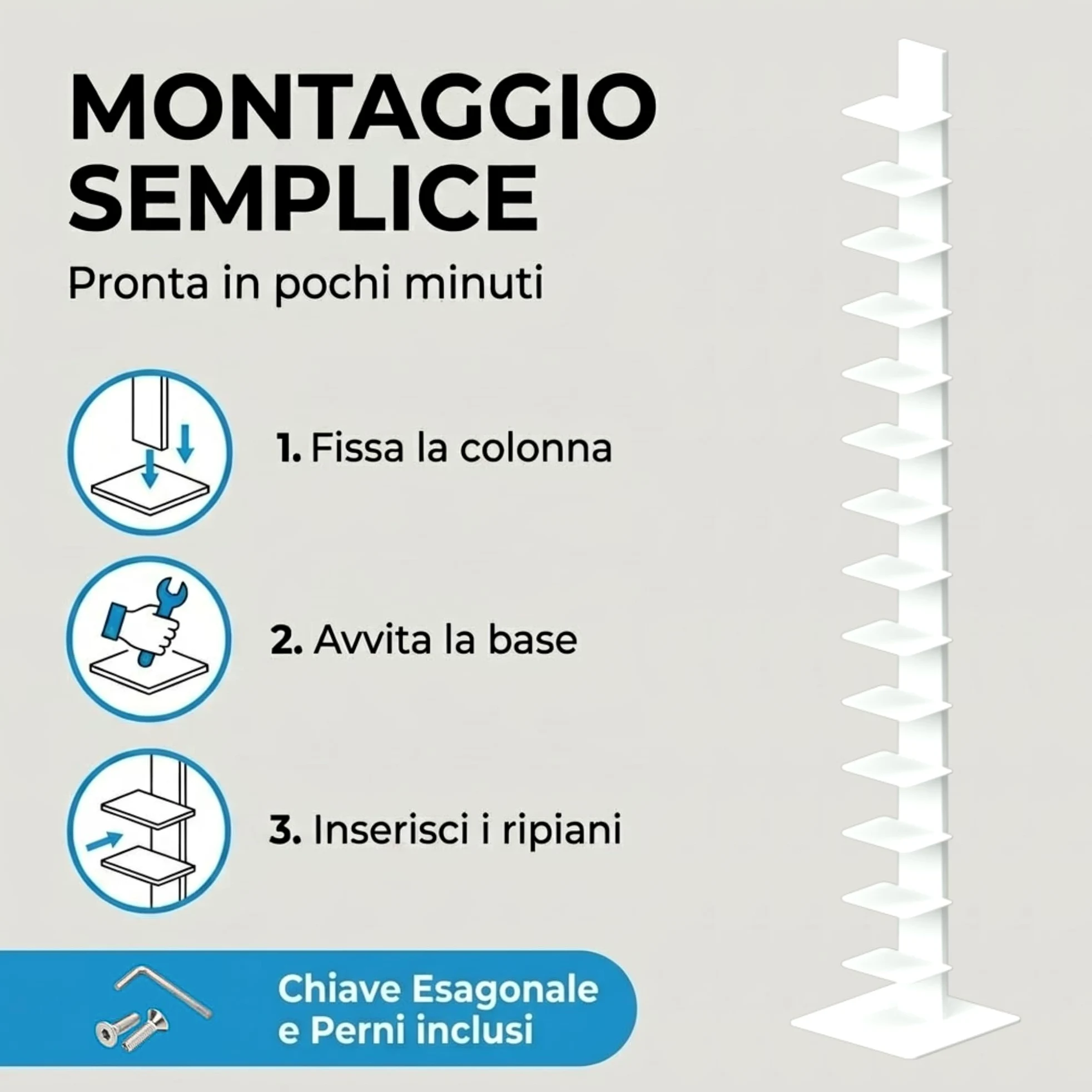 Flo.mar - Libreria a Colonna Bianca con 14 Ripiani 20x15cm - Libreria Verticale a Colonna da Terra con Base in Metallo 35x35 cm - Stretta e Alta 214 cm