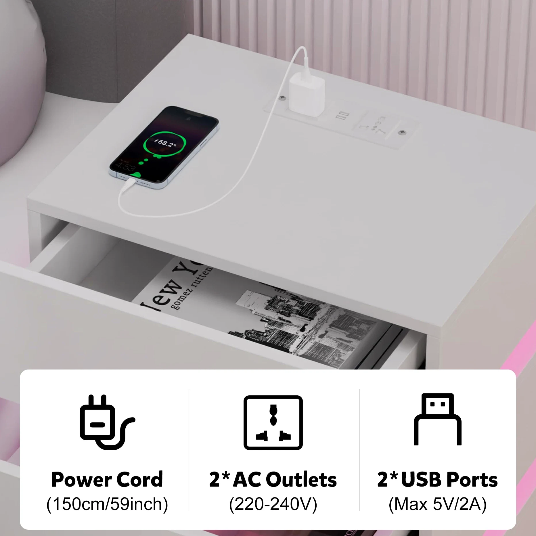 Moderno Comodino Lucido Comodini con striscia luminosa a led Bianco Comò Comodino con presa Tavolino con 3 cassetti per camera da letto, soggiorno