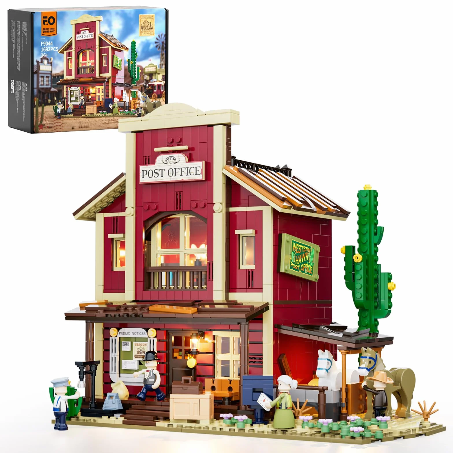 FUNWHOLE Ufficio Postale Western 1692 Pezzi Edificio Modulare Far West 6 Luci LED Modello Città Cowboy