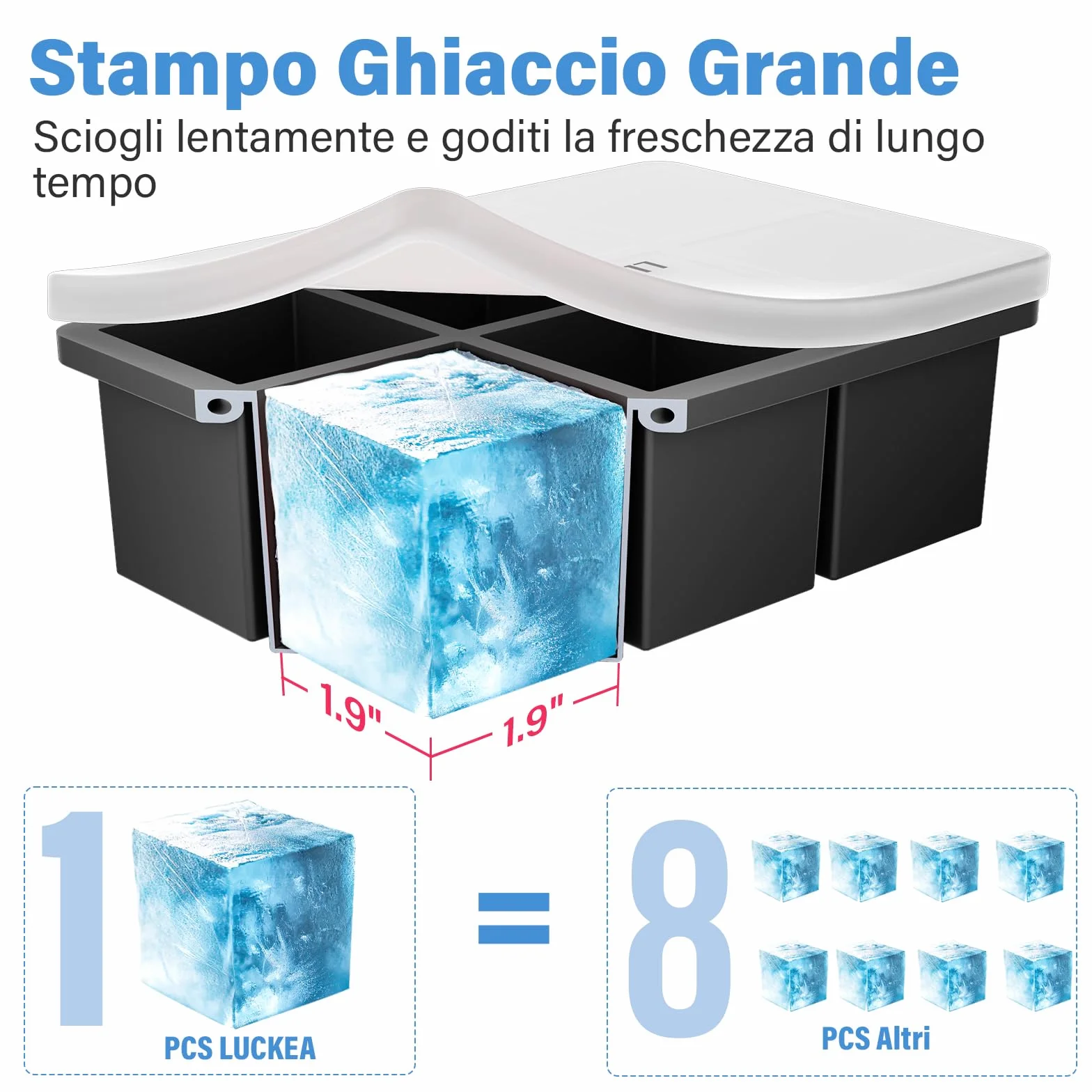 Stampo Ghiaccio Grande Silicone con Coperchio 2 Pezzi, Senza BPA, Impilabile per Whisky Cocktail Succo Gelato