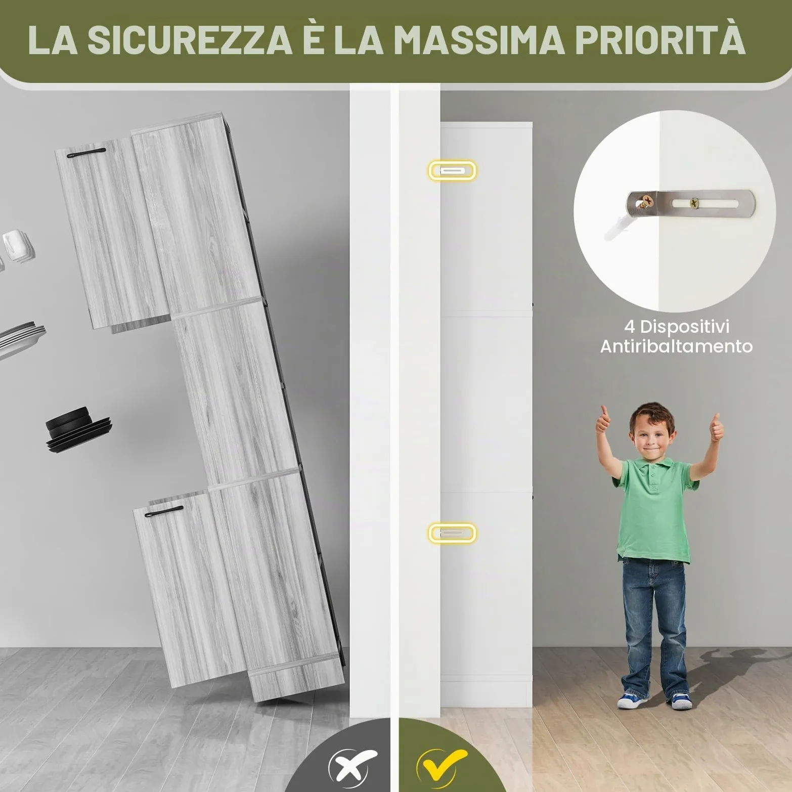 GIANTEX Credenza da Cucina Alta 190 cm con 4 Ante, 2 Scomparti Aperti e 6 Ripiani, 4 Kit Antiribaltamento, Armadio Portaoggetti per Cucina e Bagno