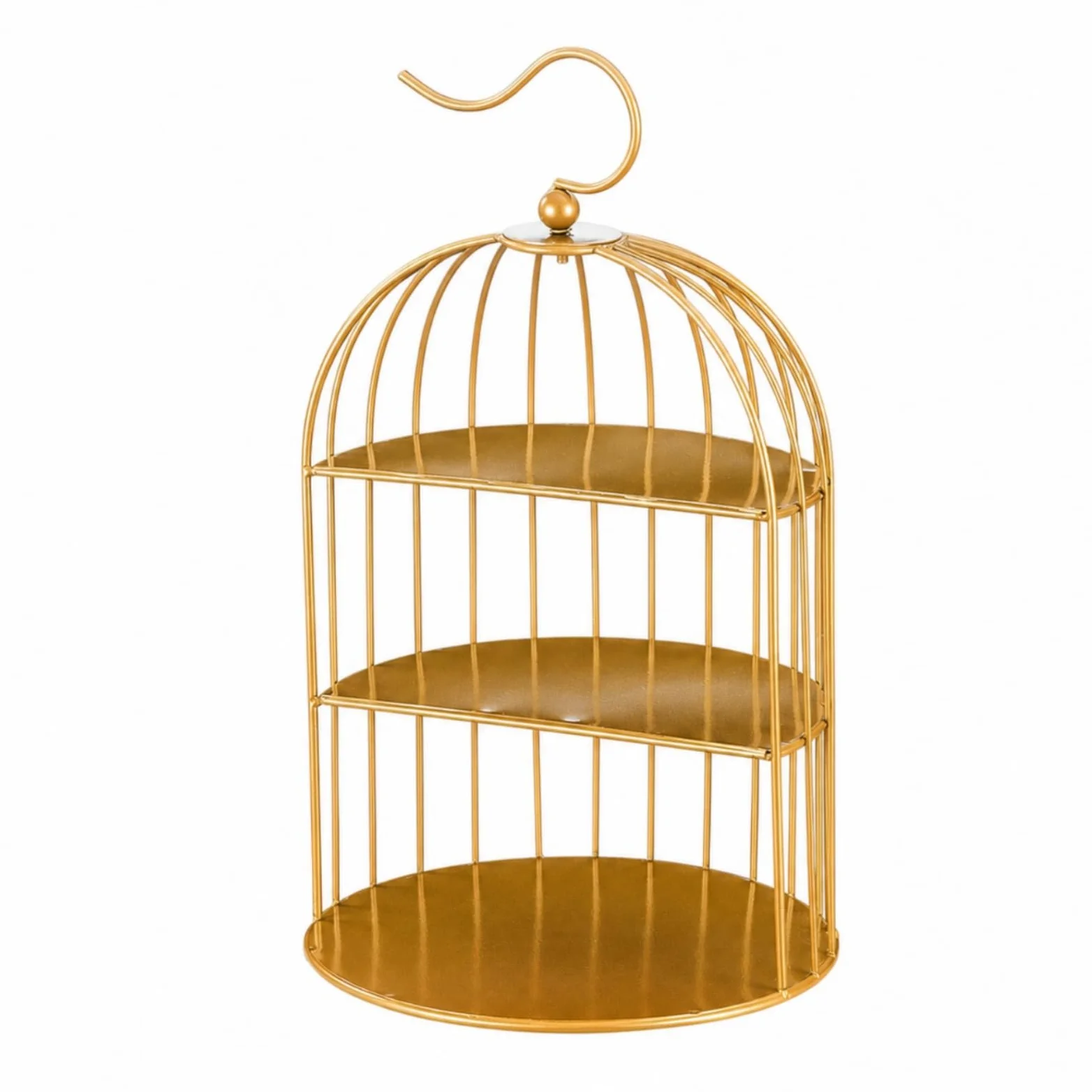 Alzata per Dolci Portatorta Vassoio Espositore in Acciaio Inox a Tre Ripiani Stile Gabbia con Manico Ad Arco Struttura , Oro , Stile Europeo, Design A Gabbia Per Uccelli A Tre Livelli