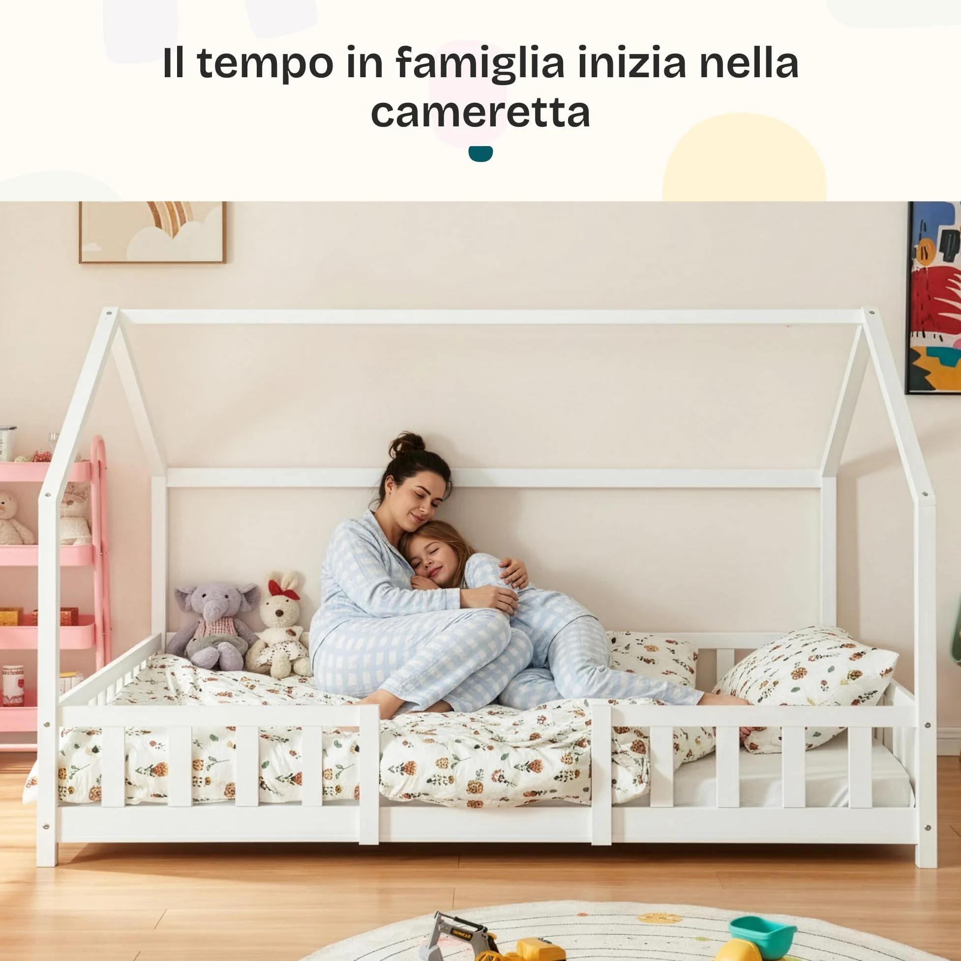 [en.casa] Letto Casetta per Cameretta Letto Piazza e Mezza per Bambini con Barriere di Protezione Struttura in Legno di Pino con Zona di Riposo 120x200 cm Bianco