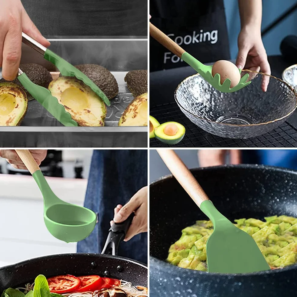Set di 13 utensili da cucina in silicone resistente al calore con vassoio e manico in legno - Verde Avocado