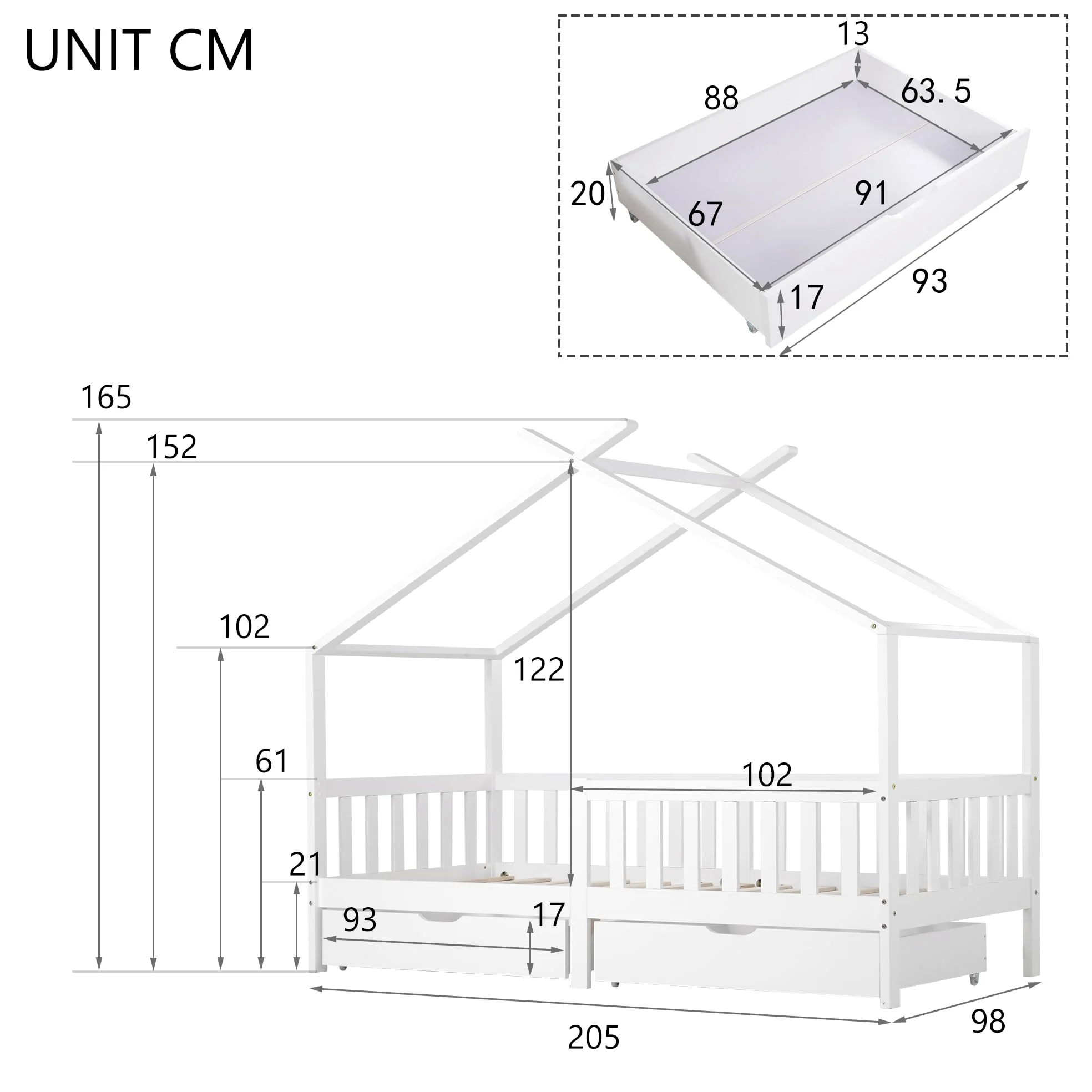 Letto Casetta per Bambini 90x200cm, Lettino Montessori con 2 Cassetti, Struttura in legno massello con Rete a Doghe, Cameretta Ragazzi, letto a Forma di Casa