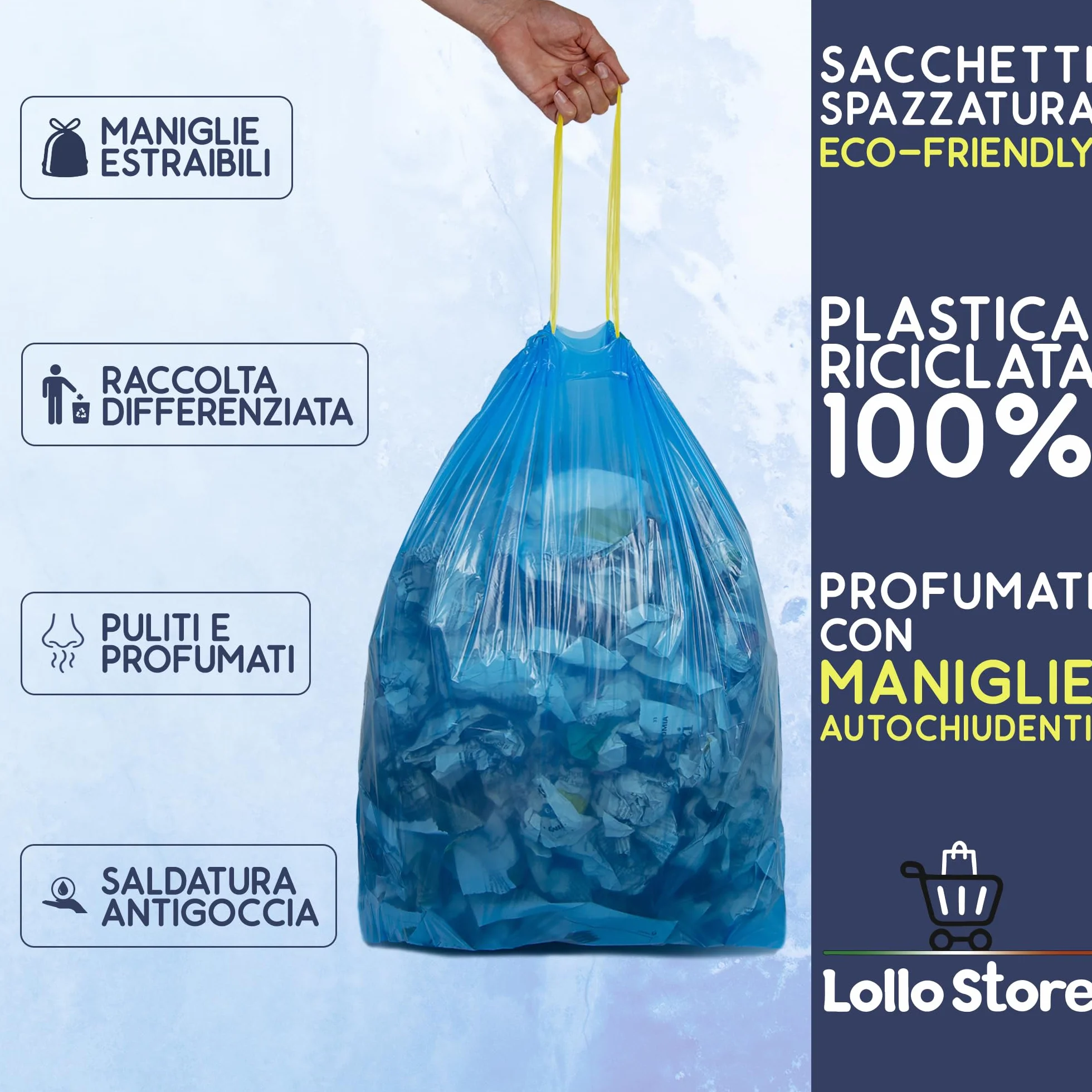 60 Sacchetti Spazzatura 55x65 cm Blu, Profumo Talco, 40 Litri Antiodore con Maniglie Tira e Chiudi, Buste Spazzatura per Raccolta Differenziata, Sacchi Spazzatura in Alta Densità in Polietilene