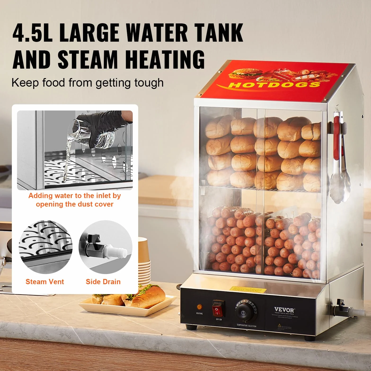 VEVOR Macchine per Hot Dog a Vapore 37L da 2 Ripiani, Controllo Temperatura 30℃~85℃, Macchina Scalda Panini Elettrico con Porte Scorrevoli in Vetro Temperato Piastra Divisoria per Hot Dog Panini