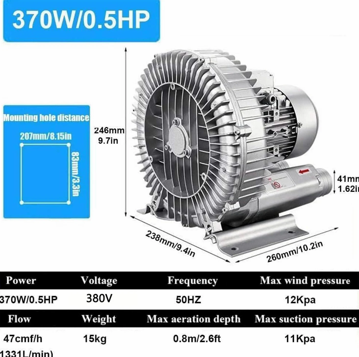 Soffiante Rigenerativo Ad Alta Pressione, Soffiante Vortex, Elettricità Trifase,380 V, Pompa per Vuoto Industriale per Soffiaggio O Aspirazione Dell'aria,370W/0.5HP