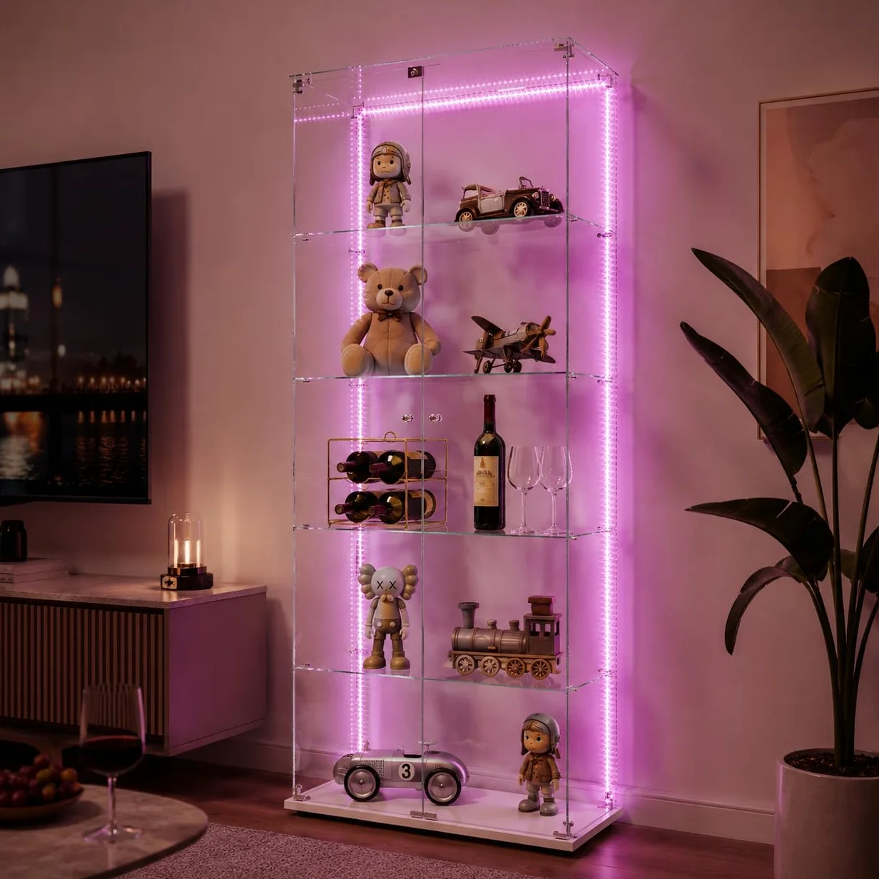 Vetrinetta in vetro da esposizione, Vetrinetta in piedi con LED, 5 strati di vetro, legno, vetrina in vetro, vetrinetta con 2 porte e serratura, vetrina in vetro, vetrinetta da esposizione per
