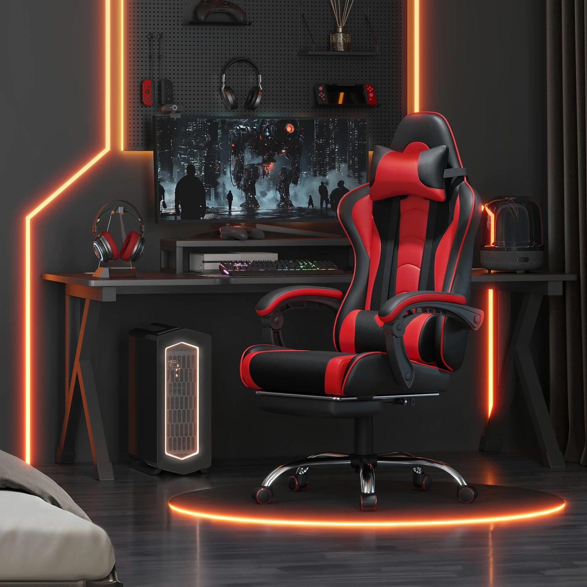 Yaheetech Sedia Gaming Ergonomica Massaggiante Reclinabile con Poggiapiedi Poggiatesta e Supporto Lombare Braccioli Imbottiti in Finta Pelle, Poltrona Gamer da Scrivania con Ruote Girevole Rosso