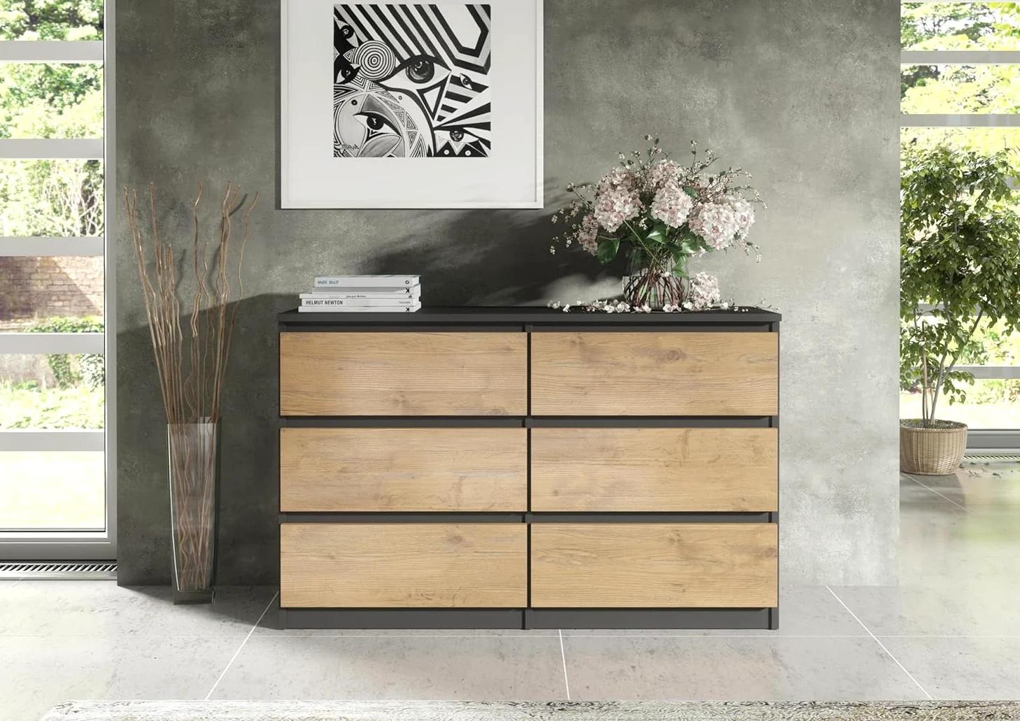 meble masztalerz Cassettiera Camera da Letto con 6 Cassetti - Credenza Soggiorno - Moderna Comò - Cassettiera Alta - Mobiletto con Cassetti - Antracite & Lancelot 138,5 x 39 x 78,5 cm