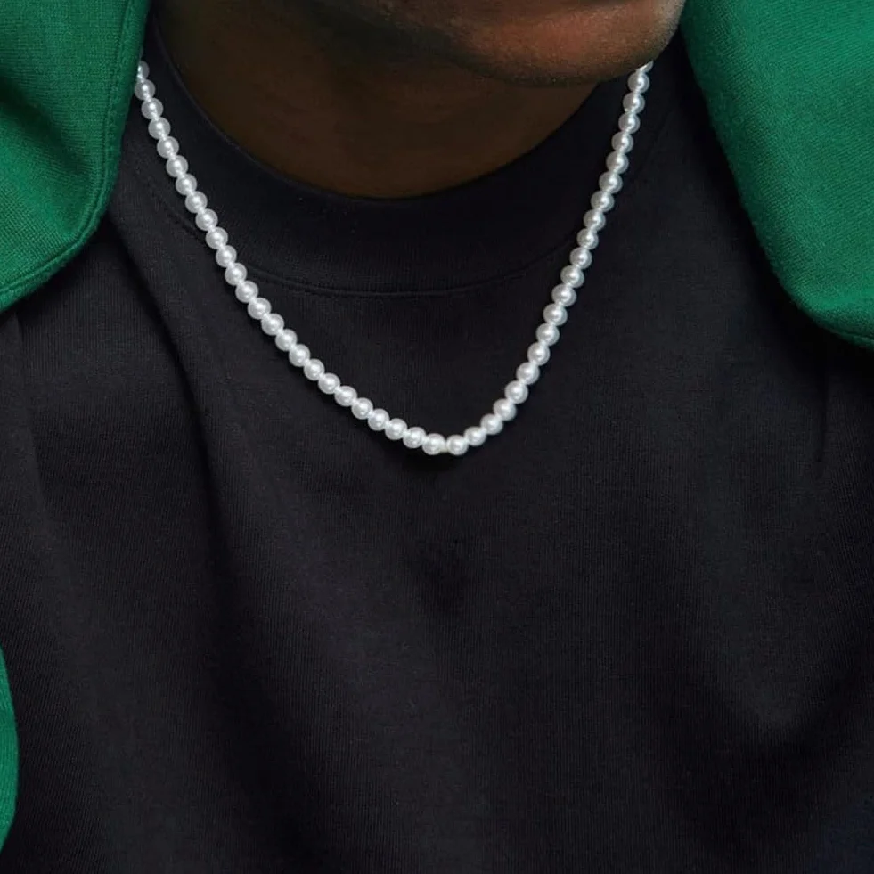 Collana di Perle Bianche Finte da 6 Mm - Collana da Uomo d'Acqua Dolce - Gioiello Semplice per Migliore Amico, Compleanno, Anniversario