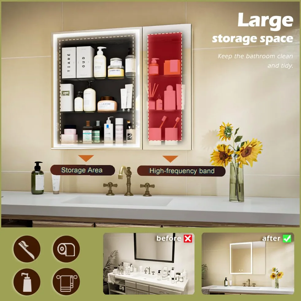GANPE Armadietto da bagno con specchio per medicinali illuminato a LED, anti-appannamento, modalità a 3 colori, dimmerabile, mensole, prese e USB (70 x 75 cm)