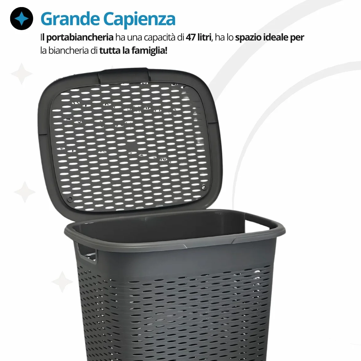 Tomaino - Cesto Portabiancheria in Plastica - Contenitore Biancheria Sporca da Bagno - Cesta Porta Vestiti e Panni Sporchi con Coperchio Salvaspazio 47 Litri (Tortora)