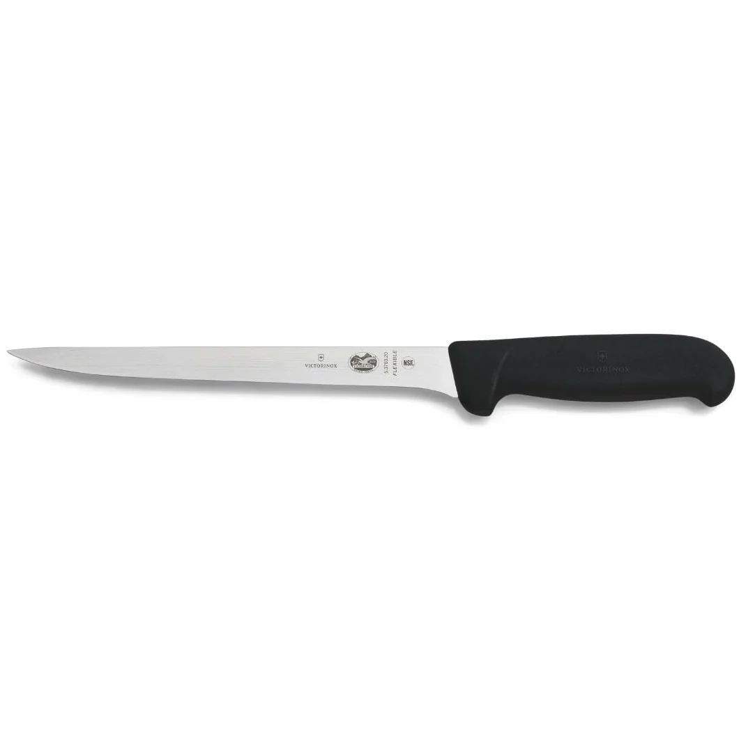 Victorinox Fibrox, Coltello per sfilettare, Coltello da Cucina Affilato per Carne e Pesce, 20 cm, Lama Dritta, Flessibile, Acciaio Inossidabile, Nero