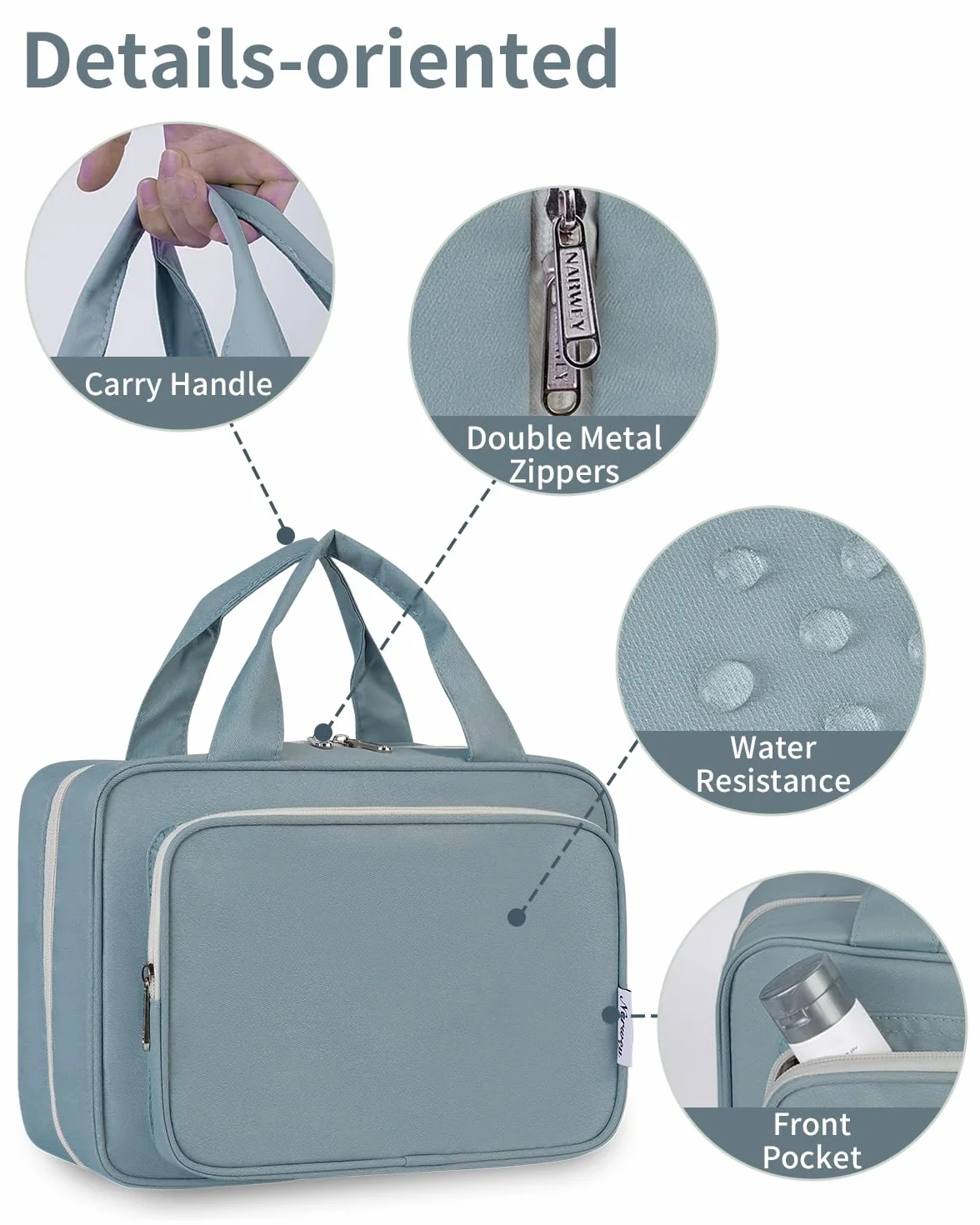 Narwey Beauty Case da Grande Viaggio, Beauty Case da Appendere per Donna Uomo,Borsa da Toilette da Travel Kit Viaggio, Grande Trousse Pochette Trucchi Donna per Viaggio (Blu Grigio (Grande))