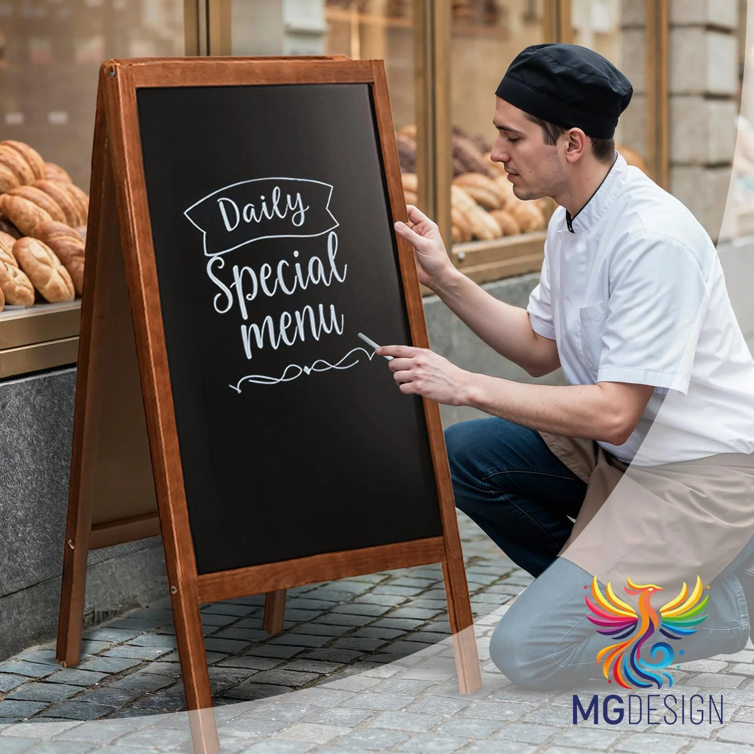 MG Design Cavalletto lavagna in legno 60 × 120 cm – bifacciale scrivibile, richiudibile e lavabile – cartello pubblicitario per ristoranti, negozi ed eventi