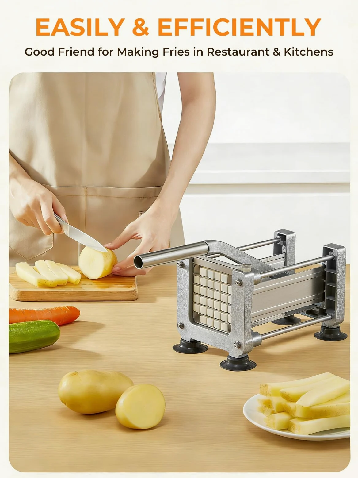 FOHRER Tagliapatate Professionale in Acciaio Inox con 3 Lame (13, 9, 6 mm) per Patate Intere, Carote, Cetrioli, Cipolle e Patate Fritte (Argento)