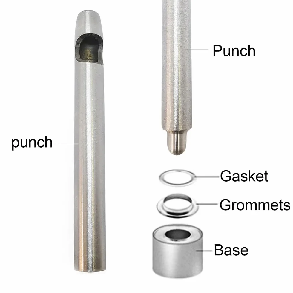 Kit occhielli in metallo per passacavi (2 mm) in ottone/ferro – ideale per borse, scarpe, abbigliamento e pelle; include punzoni e scatola pratica.