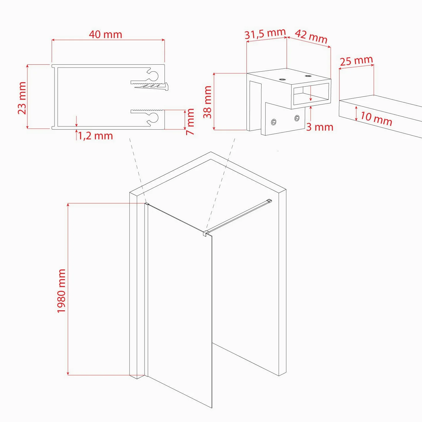 Parete doccia 140 CM in vetro trasparente 8mm mod. Walk in Lato H198