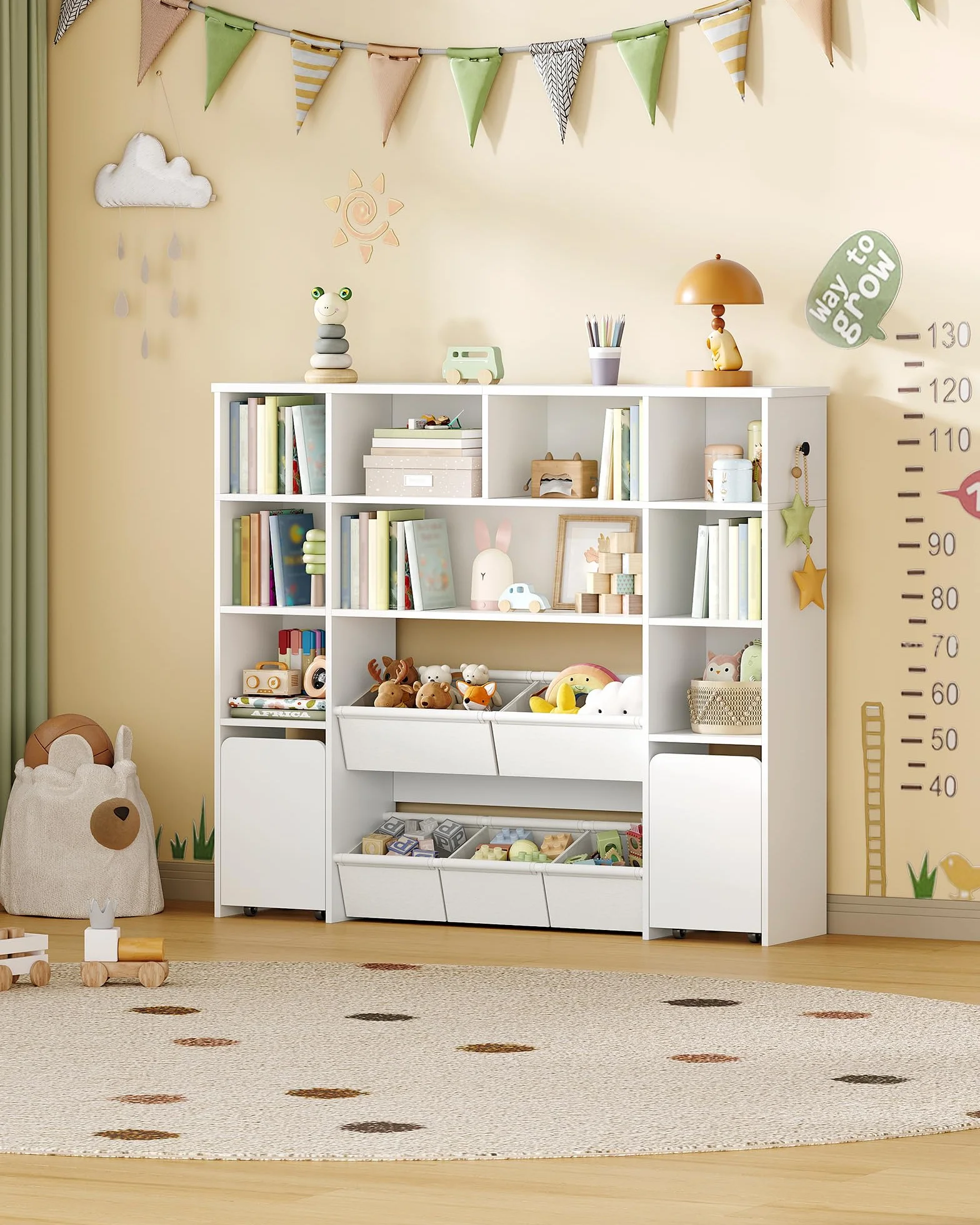 Hzuaneri Libreria per bambini con 2 cassetti contenitori su ruote, scaffale a 4 ripiani, ripiano per giocattoli, armadietto, adatto per cameretta, soggiorno, studio, 30 x 140 x 120 cm, bianco KB75203W