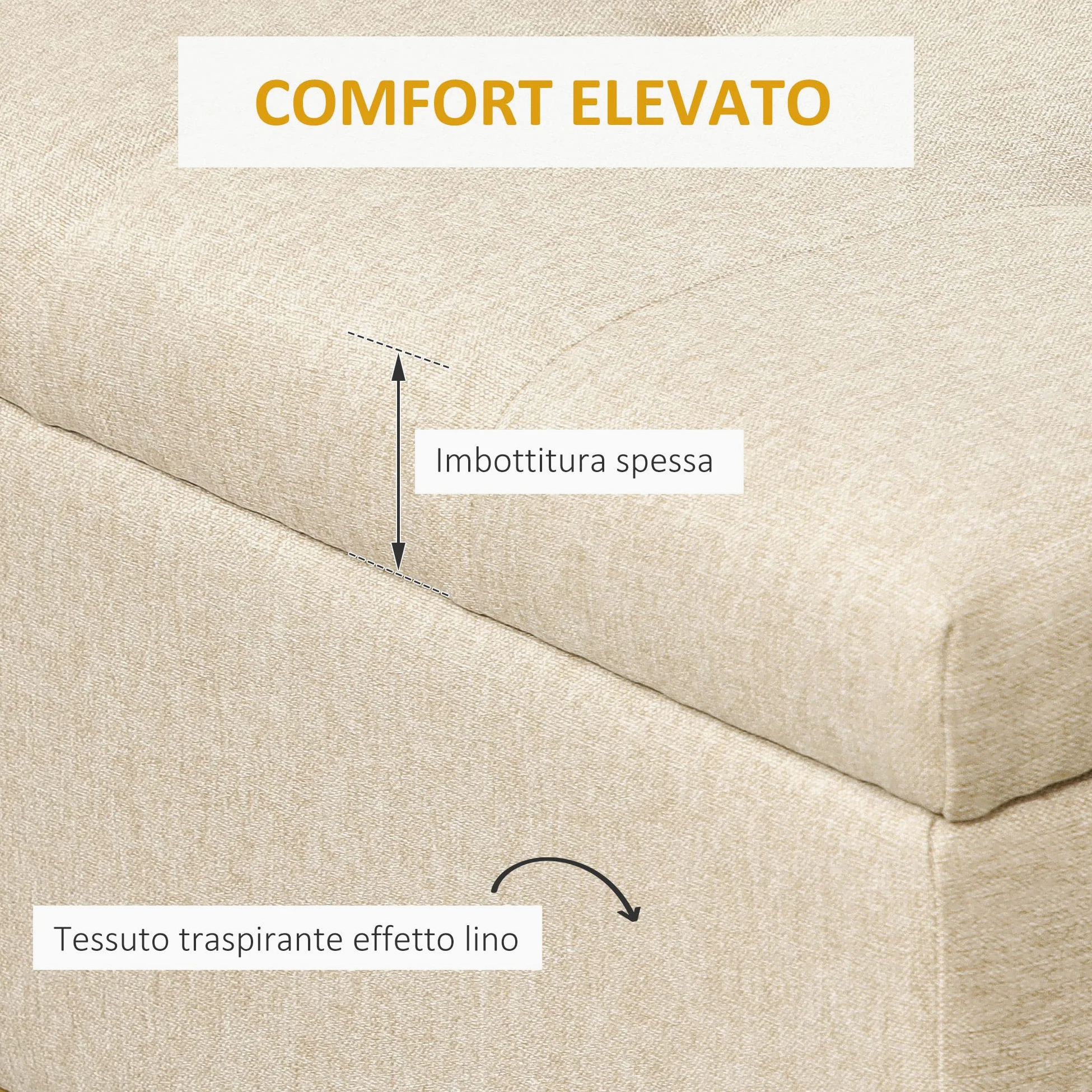 HOMCOM Panca Contenitore Rettangolare con Seduta Imbottita e Gambe in Acciaio, Pouf Poggiapiedi in Tessuto Effetto Lino per Camera da Letto e Soggiorno, 110x44x49 cm, Beige