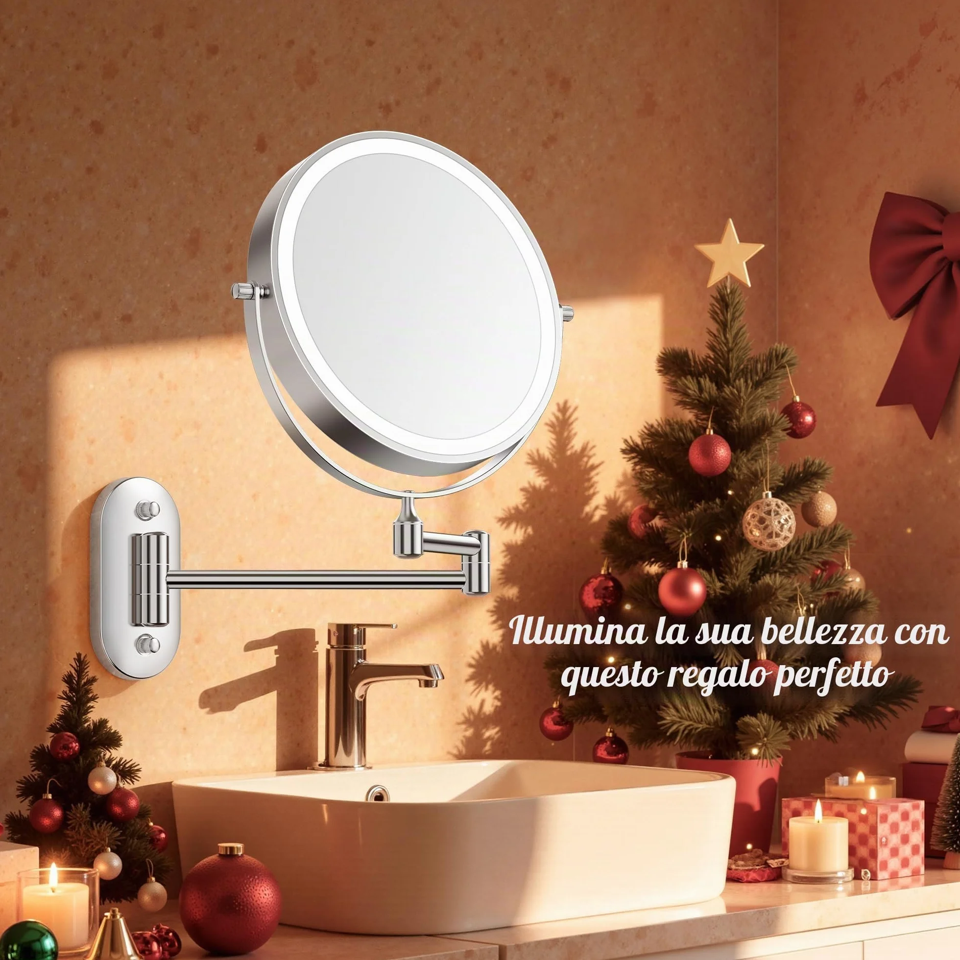 Auxmir Specchio Trucco con Ingrandimento 30X/1X, Specchio da Parete a 54 LED 3 Colori di Luce, Specchio Estensibile, Rotazione a 360°, Alimentato da Batterie Ricaricabile 3200mAh, per Bagno Hotel Spa