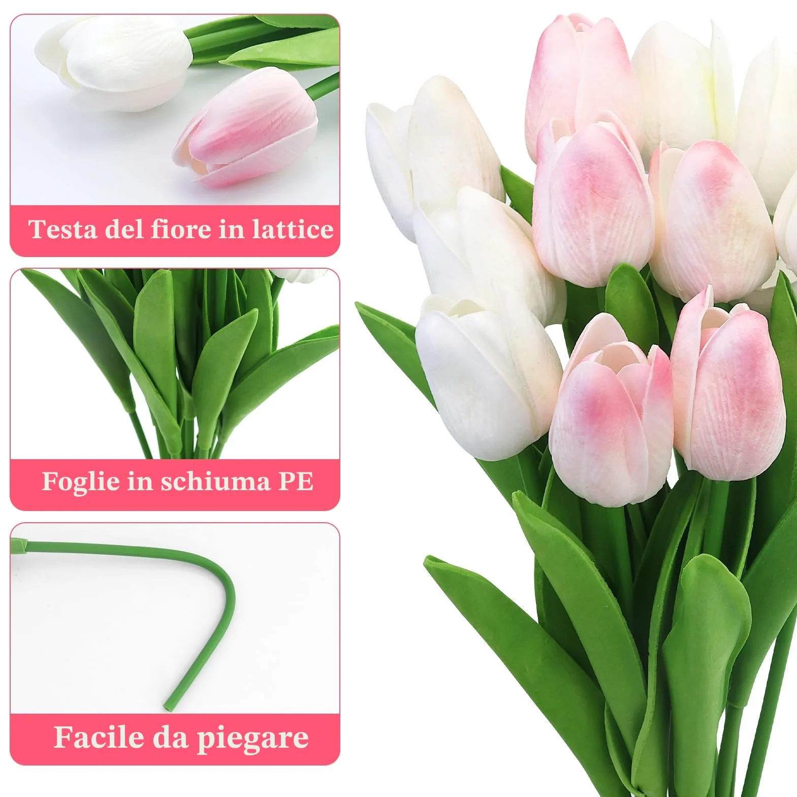Tulipani Artificiali in Lattice Bianco e Rosa 12 Pezzi per Matrimonio Bouquet