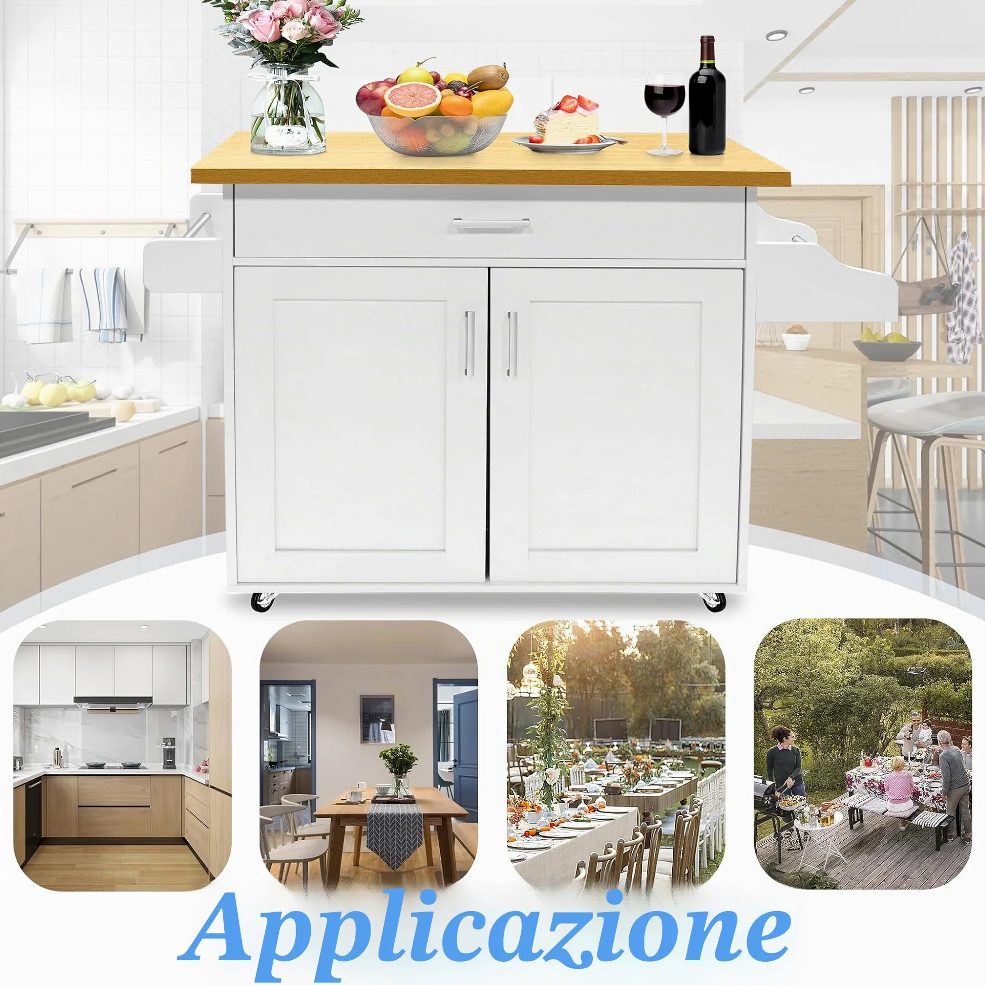 FIVMEN Carrello da Cucina con Ruote e Piano di Lavoro, Carrello Servizio in Legno con Portasciugamani e Portaspezie, Mobile Credenza Cucina Bianco, 115x90x36 cm