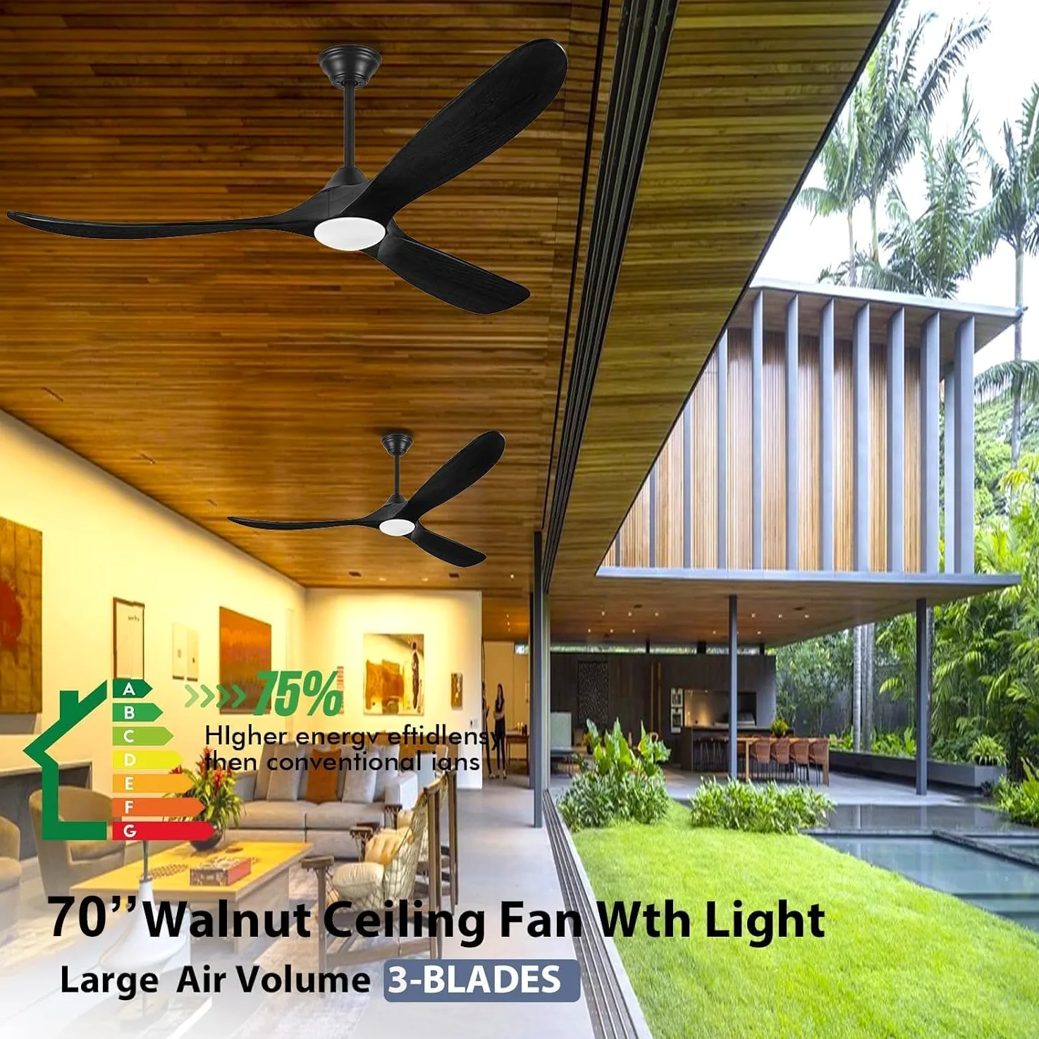Ventilatori Da Soffitto Per Esterni In Legno Nero Da 178 Cm Con Luce, Moderno Ventilatore Da Soffitto A 3 Pale Con Telecomando, Motore Cc Silenzioso Reversibile