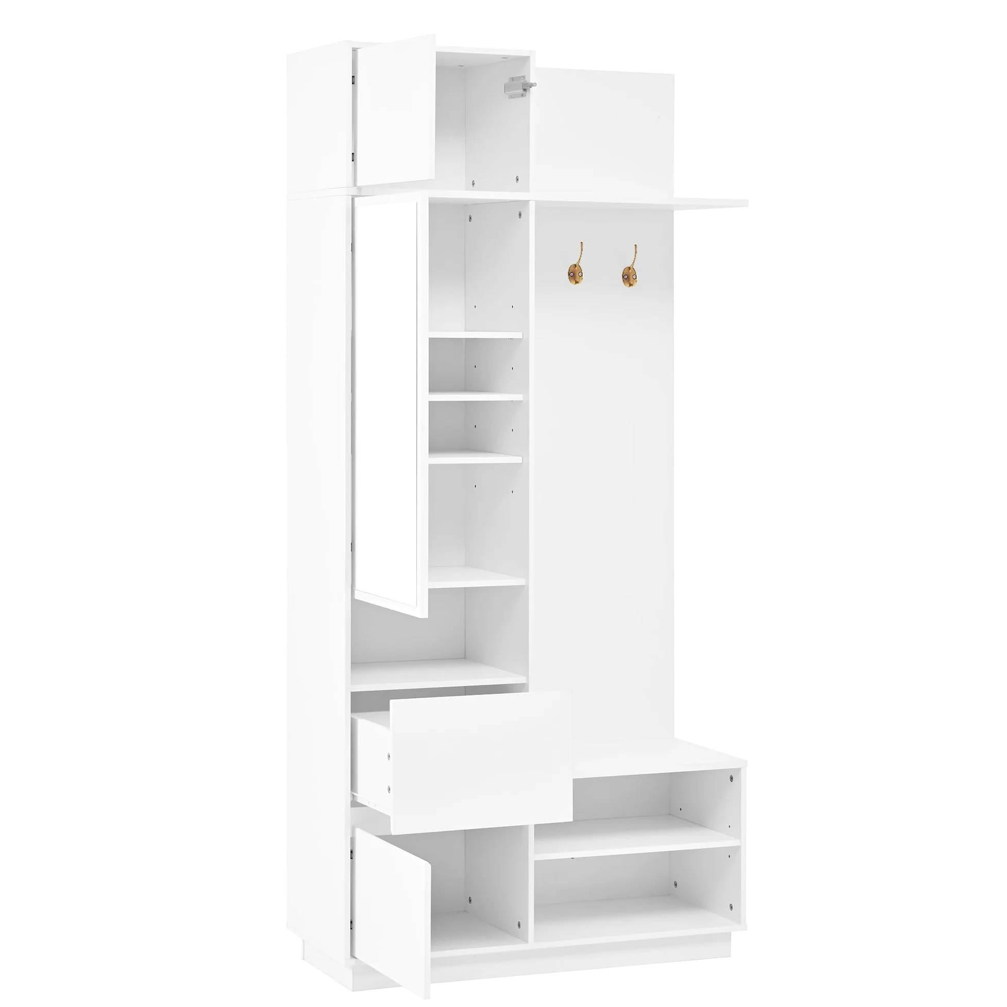 Appendiabiti compatto con specchio, panca, scarpiera, ganci, set di mobili da corridoio, bianco