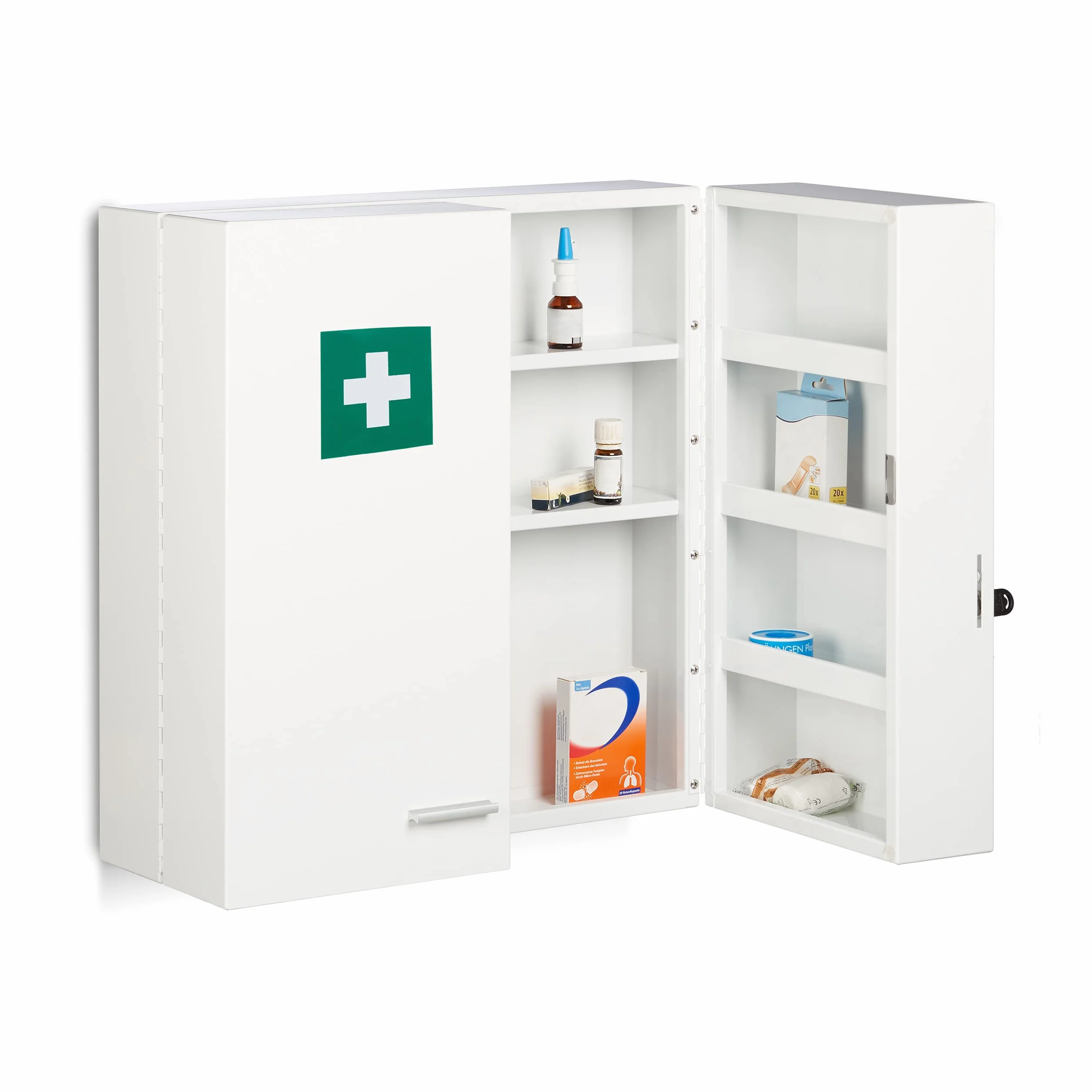 Relaxdays Armadietto Medicinali, Pronto Soccorso, Cassetta da Parete, 11 Scomparti, 2 Ante, HLP: 53x53x21,5 cm, Bianco