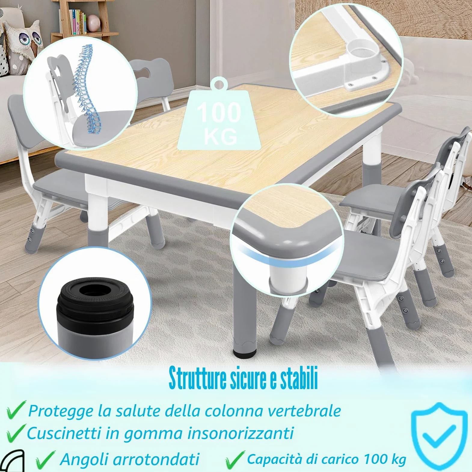 ACXIN Tavolo per bambini con 4 sedie, in plastica, per bambini, regolabile in altezza, per cameretta dei bambini, colore grigio