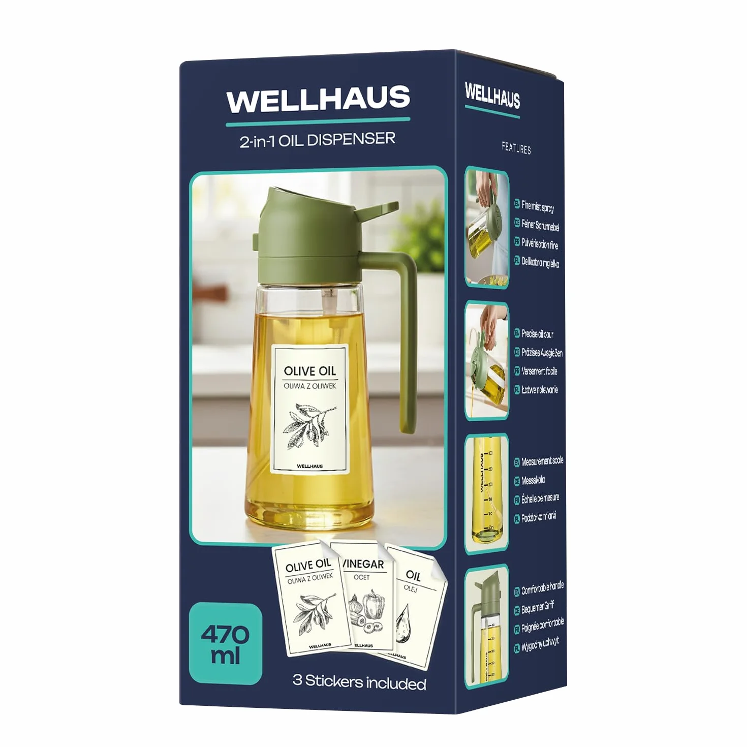 Dispenser per olio d'oliva & spray per olio 2in1 – 470 ml, flacone in vetro con protezione UV, a tenuta di luce, erogatore per olio & spray per olio per friggitrice ad aria, cucina, cottura