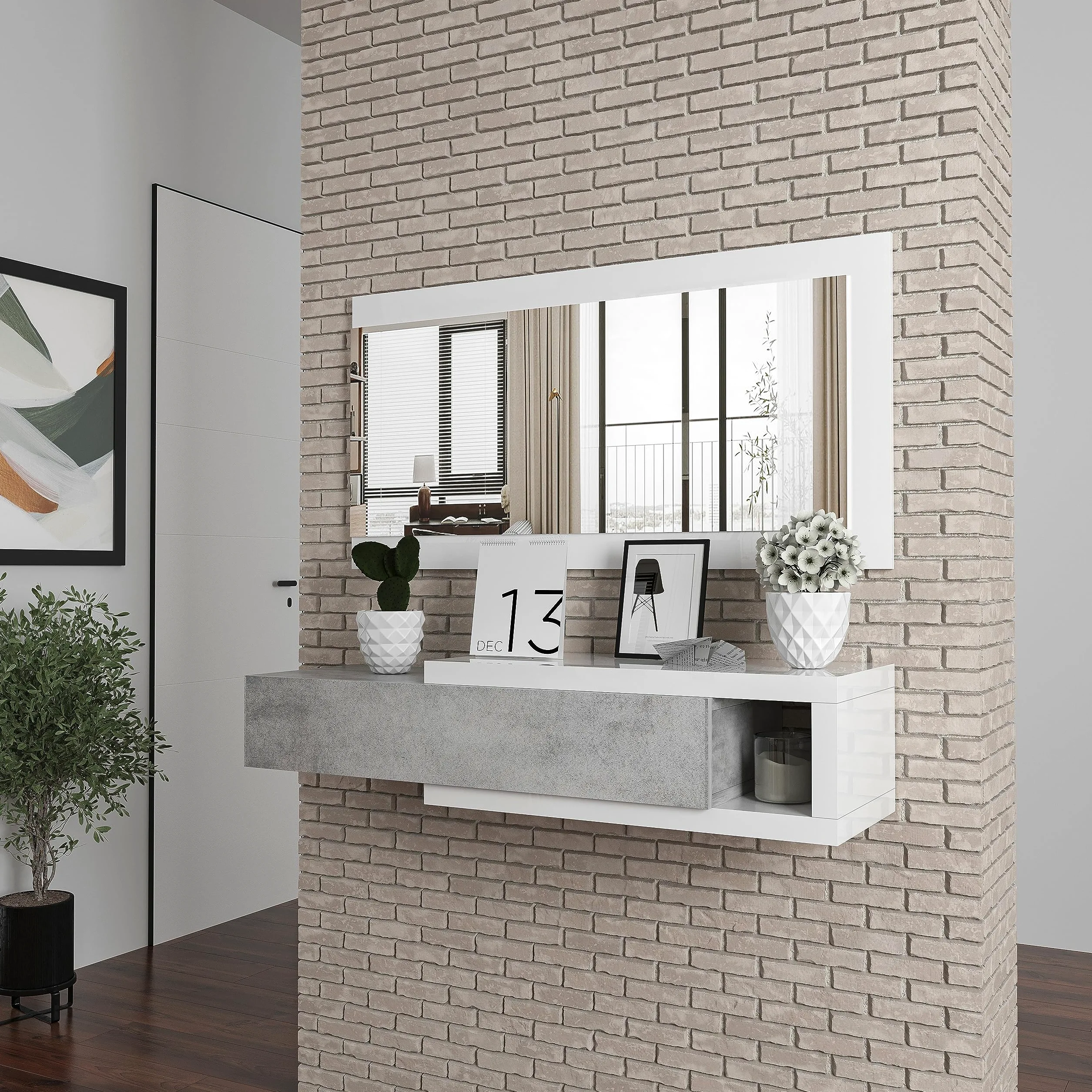 Bricozone Mobile da Ingresso con Cassetto Specchio e Mensola Sospeso per Casa Ufficio Bianco e Grigio Cemento 95 x 26 x 19 cm