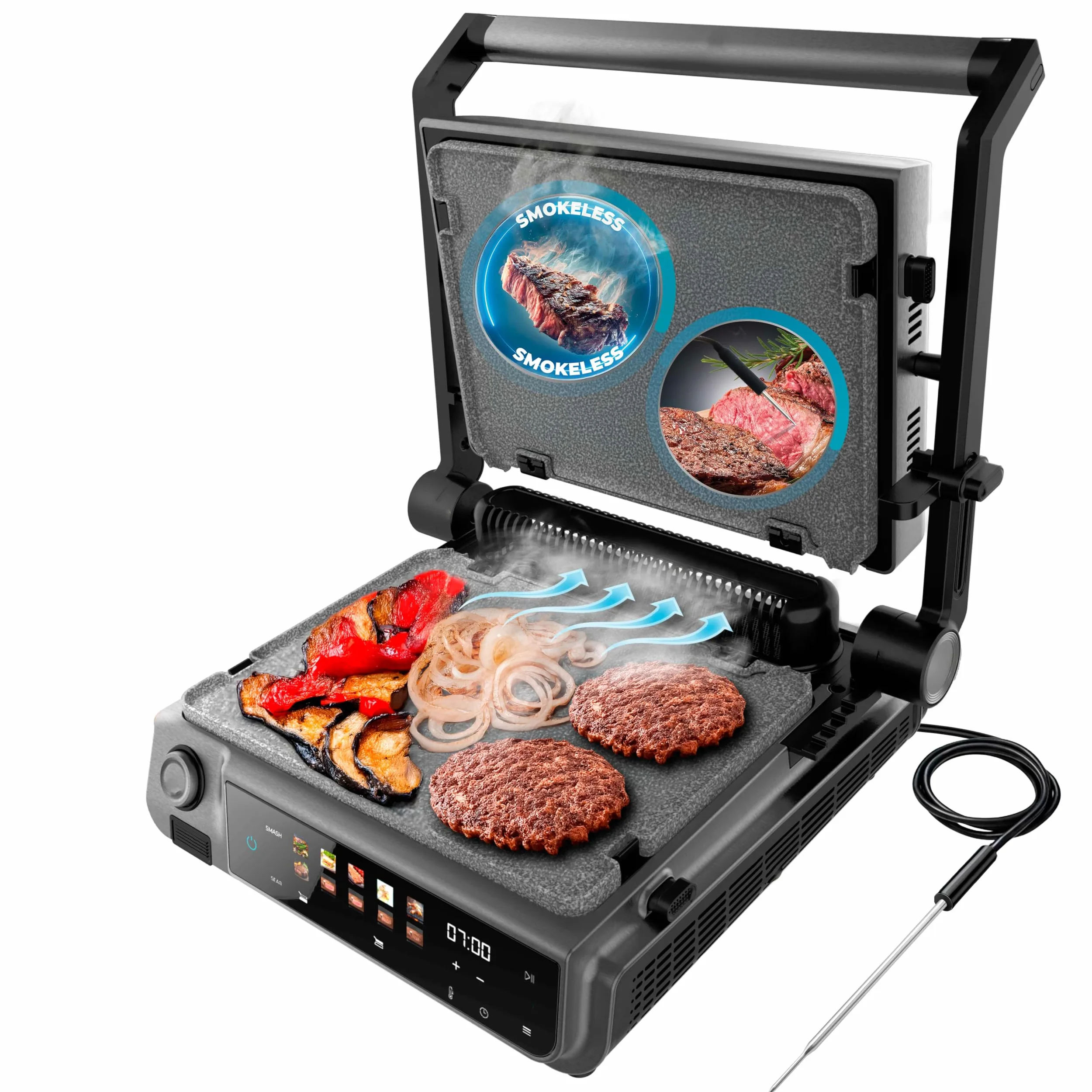 Cecotec Griglia elettrica con Grill Rock'nGrill 2000 Smash PerfectCook. 2000 W, Sonda Temp, Smash Burger, Smokeless, Dual Temp, Raccoglitori, piastre reversibili, superficie 30 x 21 cm, acciaio