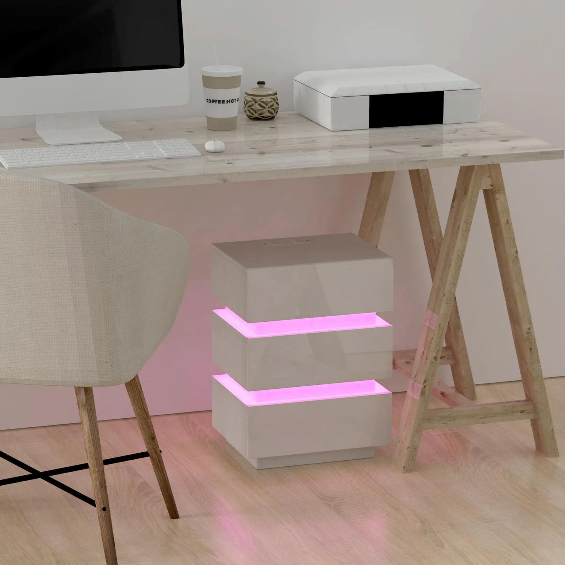 Moderno Comodino Lucido Comodini con striscia luminosa a led Bianco Comò Comodino con presa Tavolino con 3 cassetti per camera da letto, soggiorno