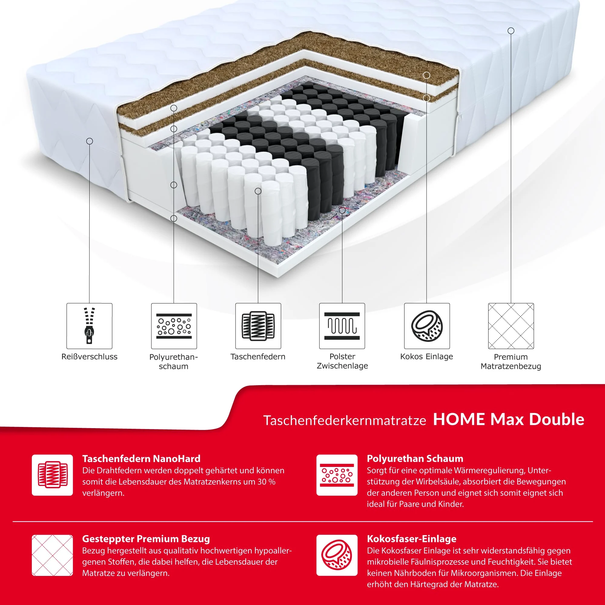 FDM HOME MAX DOUBLE Materasso una Piazza e Mezza 120x200 cm Alto 26 cm Materasso a Molle Insacchettate Grado di Rigidità H3 H5 Due Lati 7 Zone di Comfort Strato di Cocò OEKO-TEX Anallergic